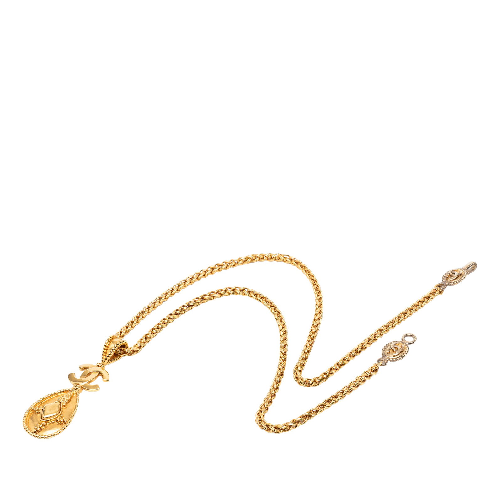 Chanel CC Teardrop Pendant Necklace Gold Plated Metal: Chanel CC Teardrop Pendant Necklace Gold Plated Metal Chanel CC Gold Plated Teardrop Pendant Necklace in costume jewelry style, made with a gold plated metal body and pendant. It has a hook closure an