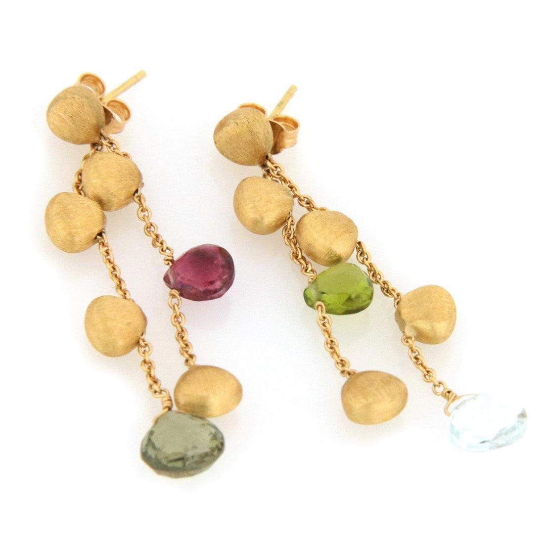 Marco Bicego Paradise 18k Gold Dangle Earrings with Multicolor Gems: Marco Bicego Paradise 18k Gold Dangle Earrings with Multicolor Gems Elevate your style with these exquisite earrings from Marco Bicego's Paradise Collection. Crafted from luxurious 18k yellow gold, th