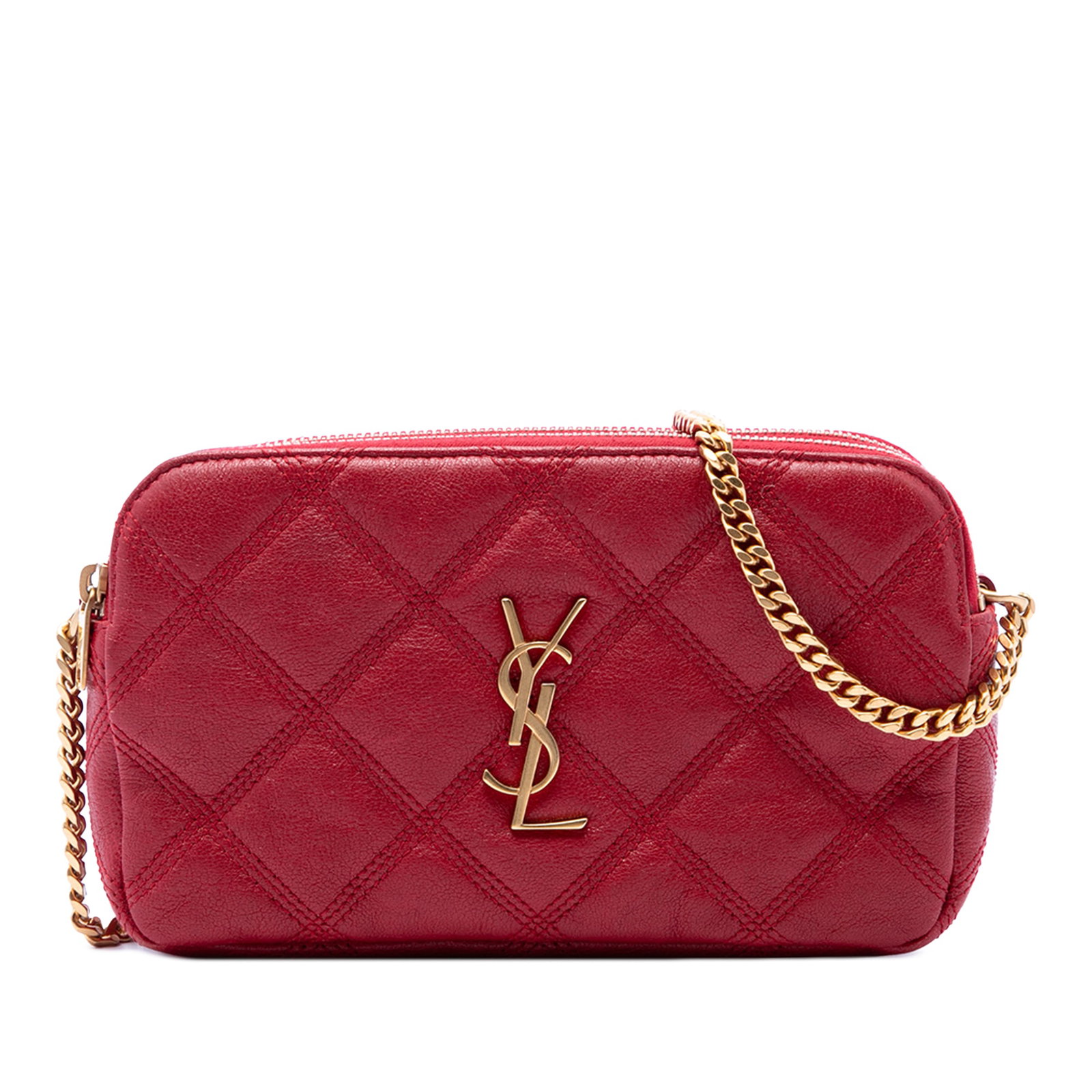 Saint Laurent Becky Double Zip Mini Quilted Lambskin Crossbody Bag: Saint Laurent Becky Double Zip Mini Quilted Lambskin Crossbody Bag A Saint Laurent Mini Quilted Lambskin Becky Double Zip Crossbody in red, featuring a quilted lambskin leather body, a chain link stra