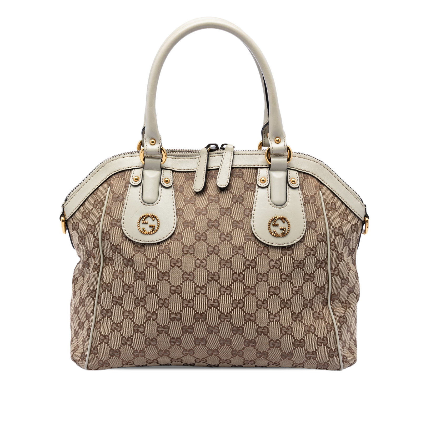 Gucci Scarlett GG Canvas Satchel with Leather Trim: Gucci Scarlett GG Canvas Satchel with Leather Trim This Gucci Medium GG Canvas Scarlett Satchel features a beige canvas body with leather trim, rolled leather handles, a top zip closure, and both inte