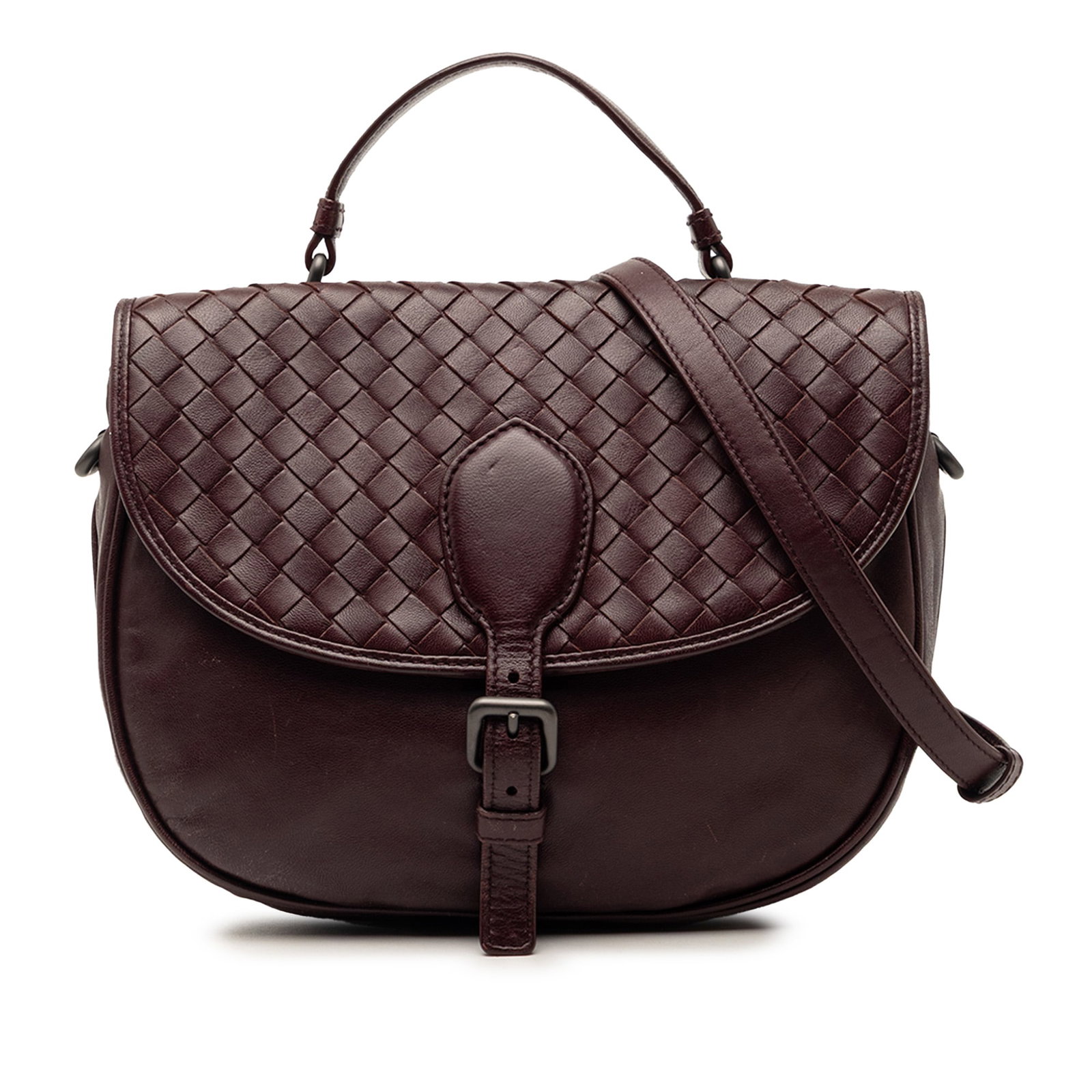 Bottega Veneta Intrecciato Red Leather Double Flap Satchel with Detachable Strap: Bottega Veneta Intrecciato Red Leather Double Flap Satchel with Detachable Strap This satchel features a red leather body with a flat leather handle and a detachable flat strap. It is designed with a 