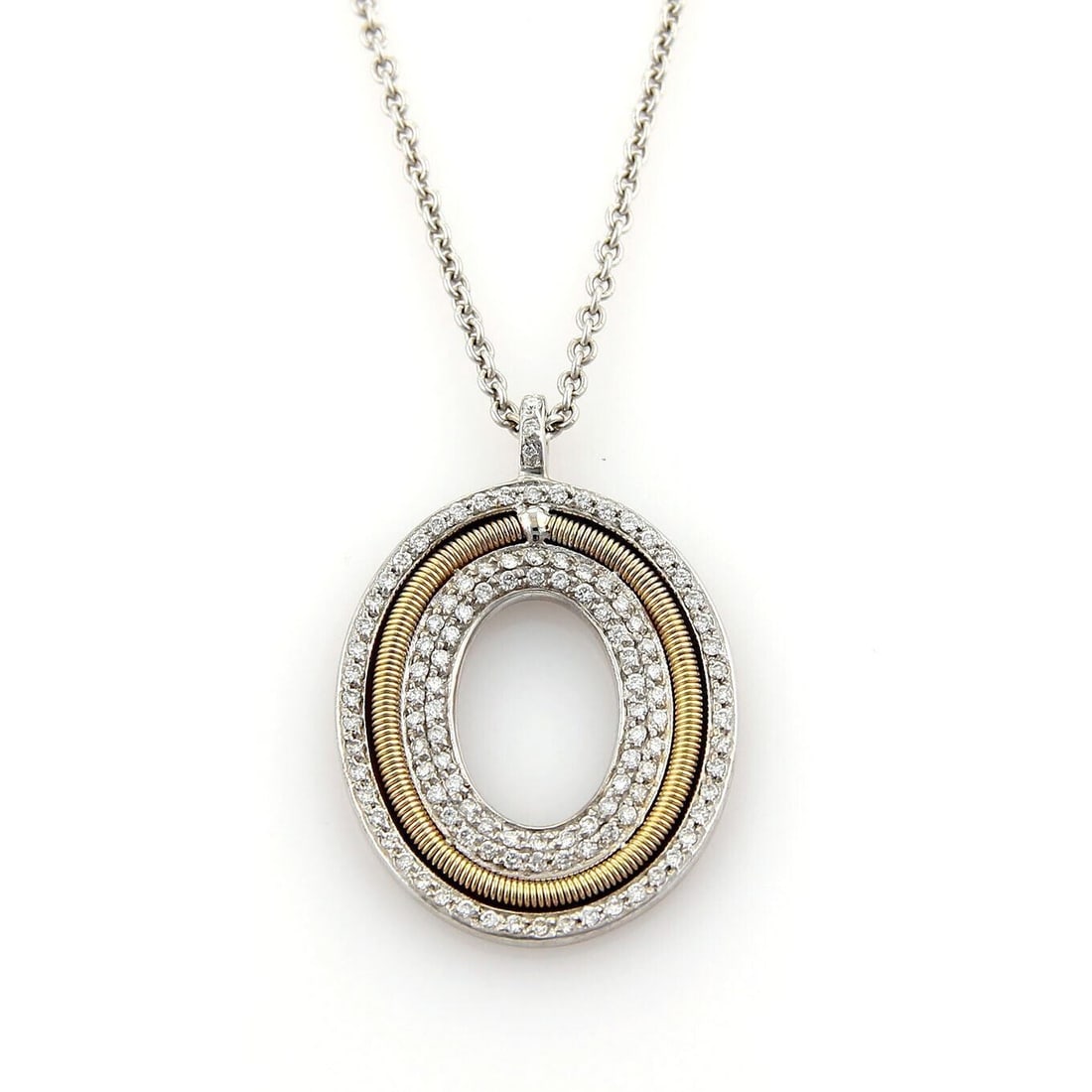 Marco Bicego Diamond Oval Pendant Necklace in 18k White Gold 16": Marco Bicego Diamond Oval Pendant Necklace in 18k White Gold 16" This authentic Marco Bicego pendant necklace is crafted in 18k white gold and features an open oval design set with natural diamonds to