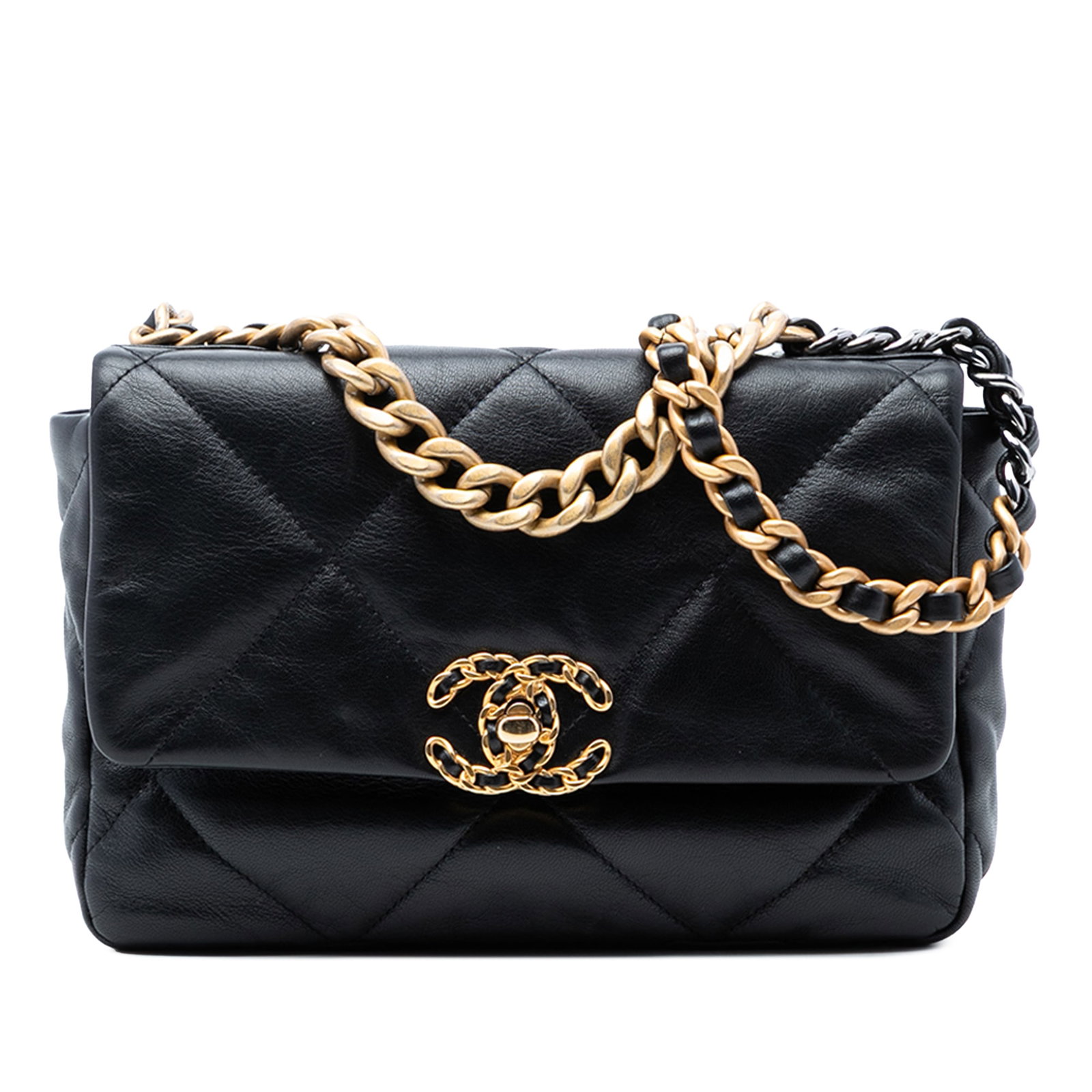 Chanel 19 Medium Black Quilted Lambskin Flap Shoulder Bag Gold Chain (1 of 8)