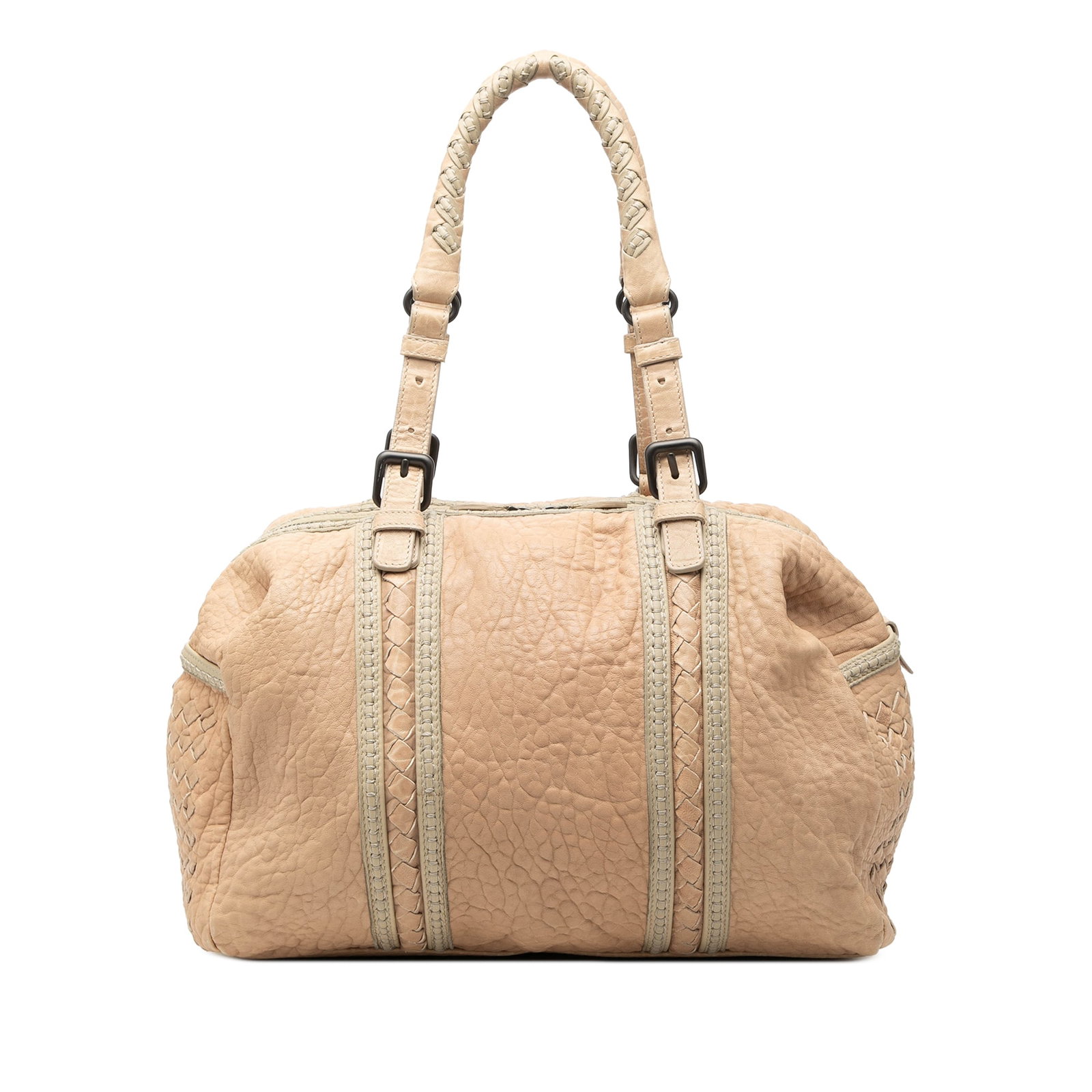 Bottega Veneta Beige Pebbled Lambskin Tote with Woven Trim: Bottega Veneta Beige Pebbled Lambskin Tote with Woven Trim This Bottega Veneta tote bag is crafted from pebbled lambskin leather and features the brand's signature woven leather trim. It is designed w