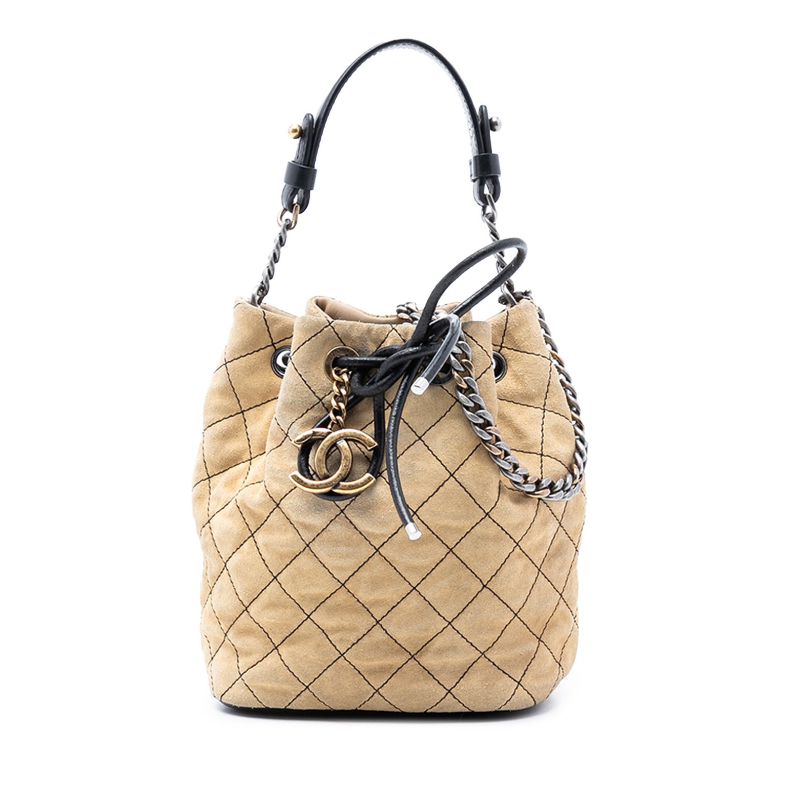 Chanel Beige Suede Wild Stitch Bucket Bag with Chain Strap: Chanel Beige Suede Wild Stitch Bucket Bag with Chain Strap This Chanel CC Suede Wild Stitch Bucket Bag features a beige suede leather body with wild stitch detailing, a flat leather handle, and a deta