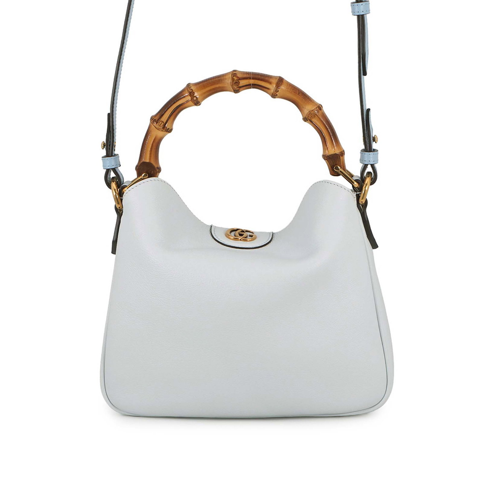 Gucci Diana Small Bamboo Handle Blue Calfskin Satchel: Gucci Diana Small Bamboo Handle Blue Calfskin Satchel Gucci Small Calfskin Bamboo Diana Satchel in blue leather with a bamboo top handle and a detachable, adjustable flat leather strap. The bag featur