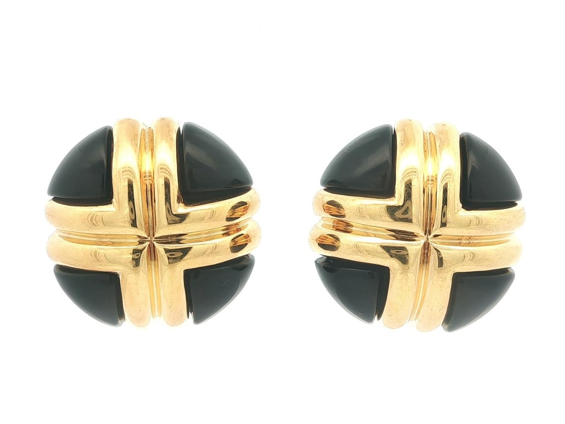 18k Yellow Gold Stud Earrings with Custom Black Onyx by Charles Turi: 18k Yellow Gold Stud Earrings with Custom Black Onyx by Charles Turi These Charles Turi large button earrings feature custom cut natural black onyx stones set in solid 18k yellow gold with 14k gold ba
