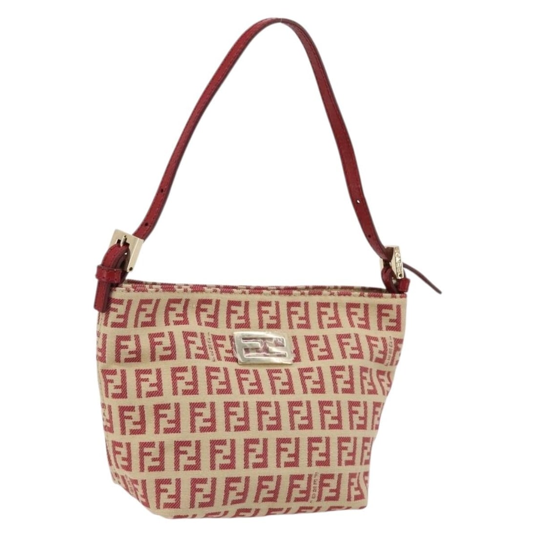 FENDI Zucchino Canvas Handbag Red Gold Tone Italy: FENDI Zucchino Canvas Handbag Red Gold Tone Italy Fendi Zucchino canvas handbag in red and gold, made in Italy. This hand bag features a compact silhouette with a handle drop of approximately 13 to 15