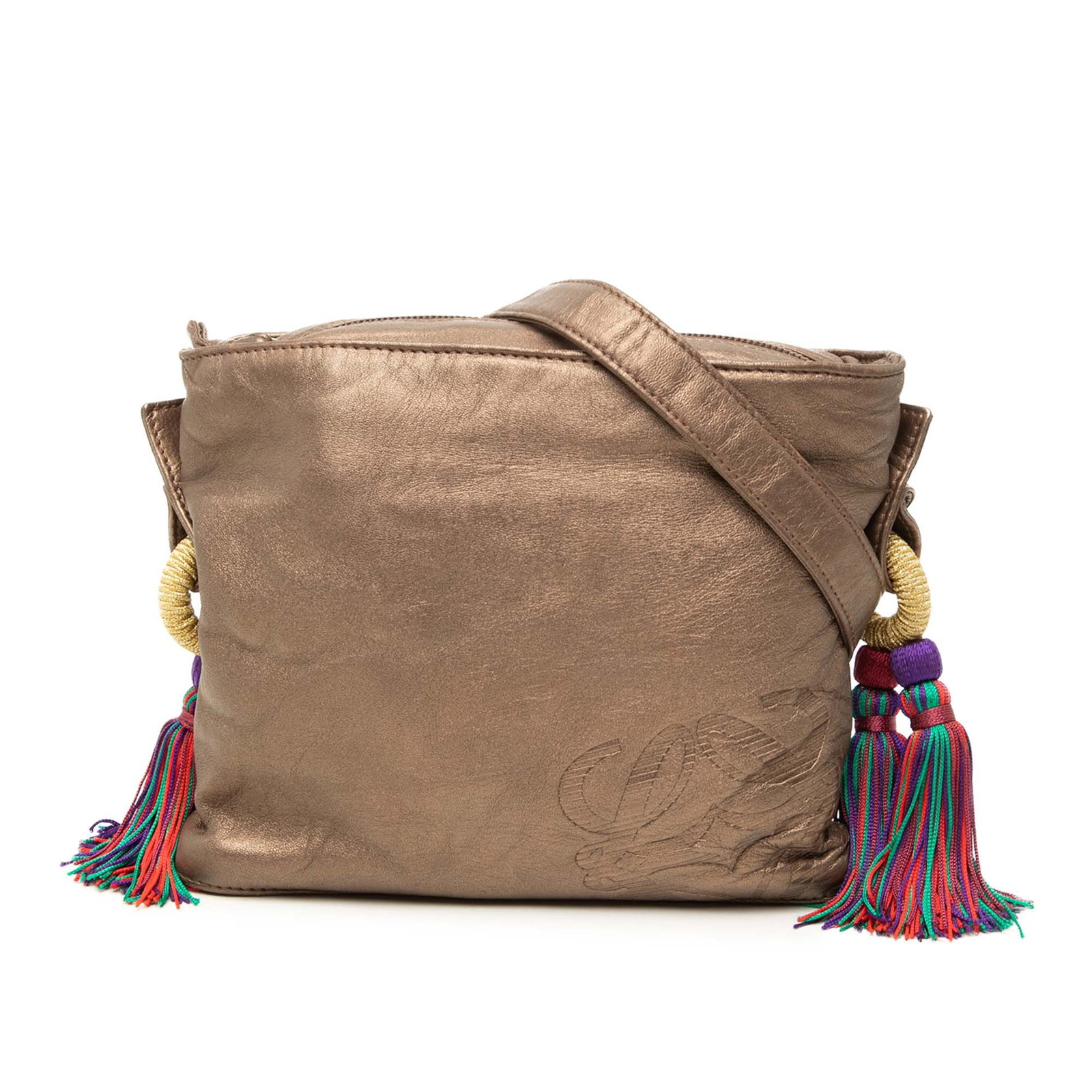 LOEWE Flamenco Tassel Crossbody Metallic Nappa Leather Bag: LOEWE Flamenco Tassel Crossbody Metallic Nappa Leather Bag This LOEWE Flamenco crossbody bag is crafted in metallic leather with tassel details and a flat leather strap. It features a top zip closure 