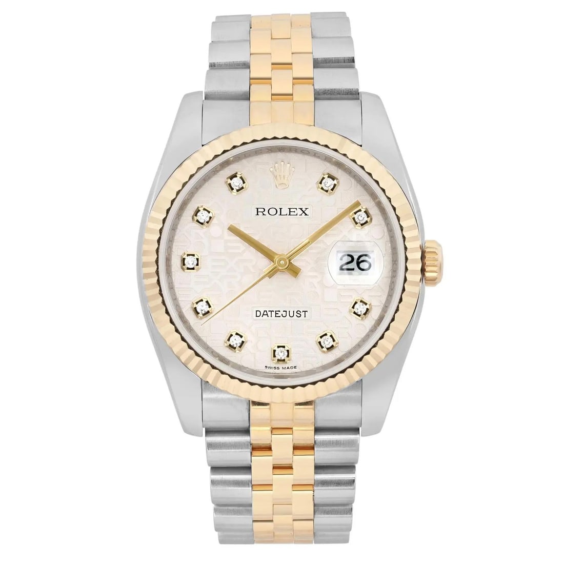 Rolex Datejust 36mm Diamond Dial 18K Gold Steel Mens Watch 116233: Rolex Datejust 36mm Diamond Dial 18K Gold Steel Mens Watch 116233 This exquisite Rolex Datejust wristwatch features a 36mm case crafted from a combination of stainless steel and 18K gold, showcasing a
