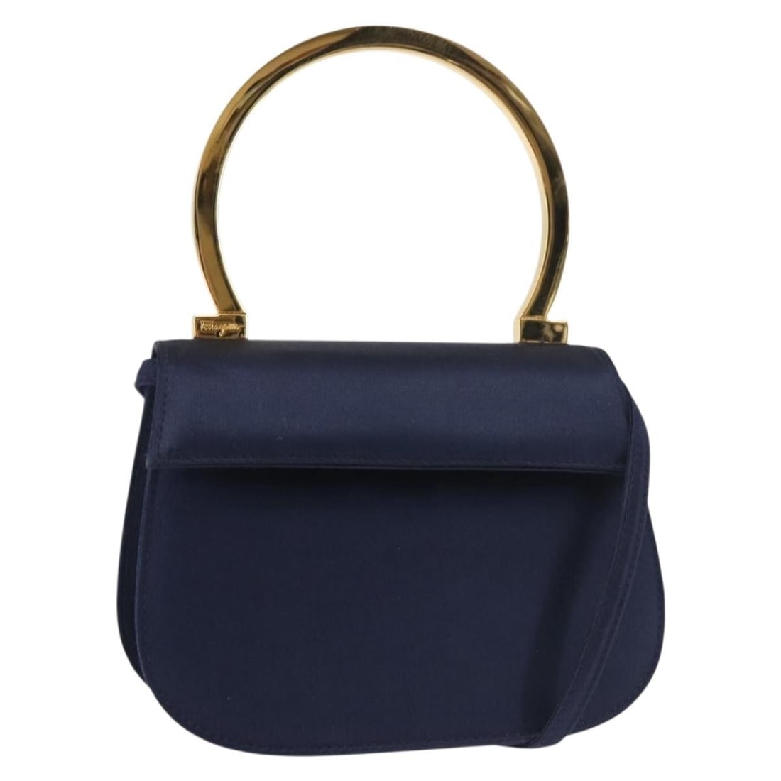 Salvatore Ferragamo Gancini Satin 2way Handbag Navy Gold: Salvatore Ferragamo Gancini Satin 2way Handbag Navy Gold Salvatore Ferragamo Gancini 2-way handbag in navy satin with gold-tone accents. Designed for women and made in Italy, this compact bag includes