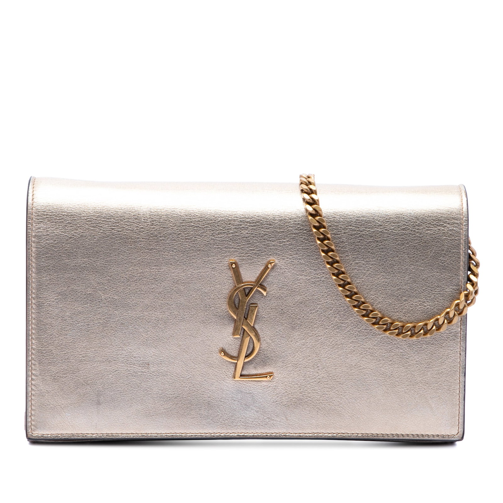 Saint Laurent Kate Medium Monogram Crossbody Metallic Calfskin Pink: Saint Laurent Kate Medium Monogram Crossbody Metallic Calfskin Pink The Saint Laurent Medium Metallic Calfskin Monogram Kate Crossbody is a pink leather bag made in Italy. It features a rose gold-tone