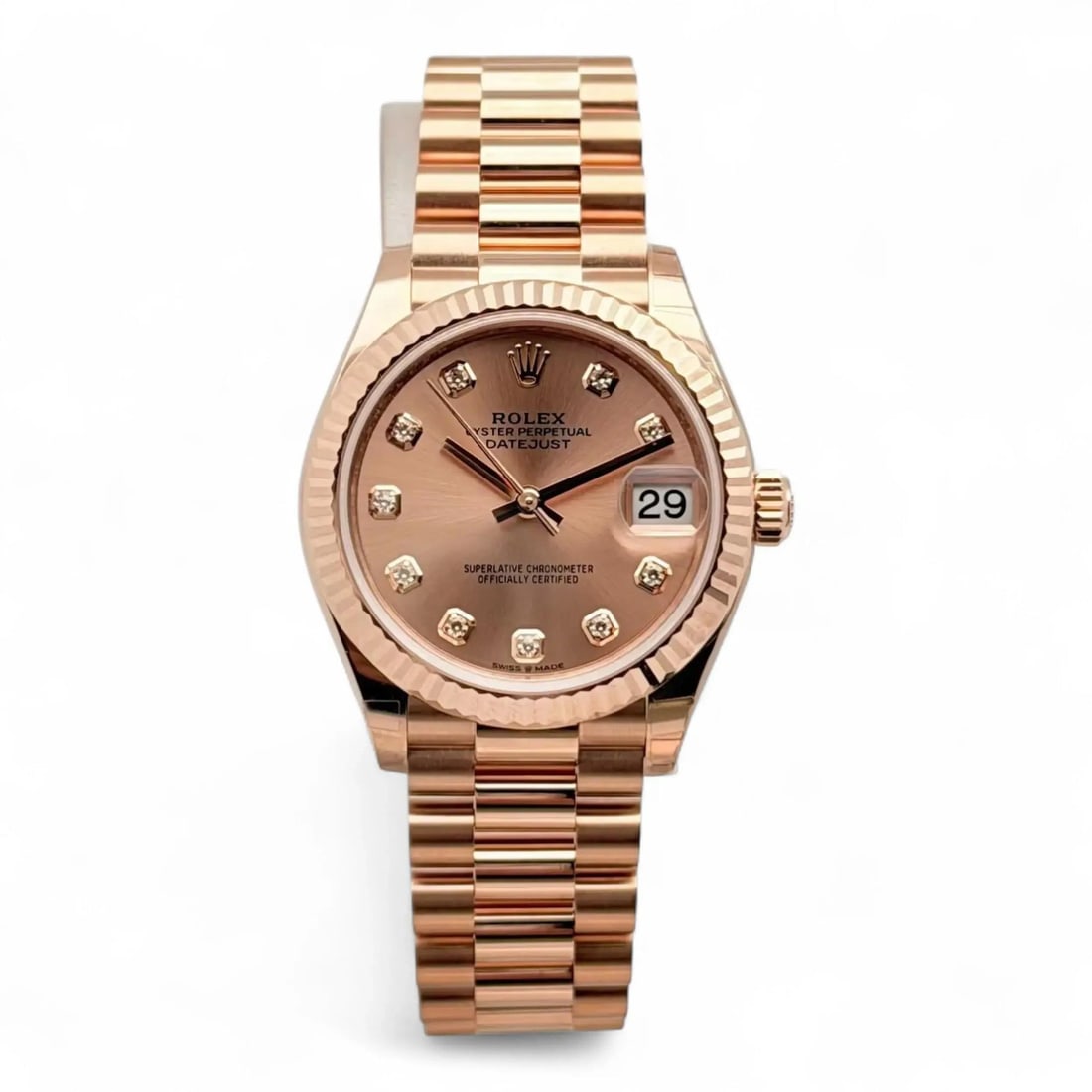 Rolex Datejust 31 Rose Gold Diamond Dial Women's Automatic Watch 278275: Rolex Datejust 31 Rose Gold Diamond Dial Women's Automatic Watch 278275 This Rolex Datejust 31 President is an un-used women's luxury wristwatch crafted in 18K rose gold. Featuring a striking sunburst