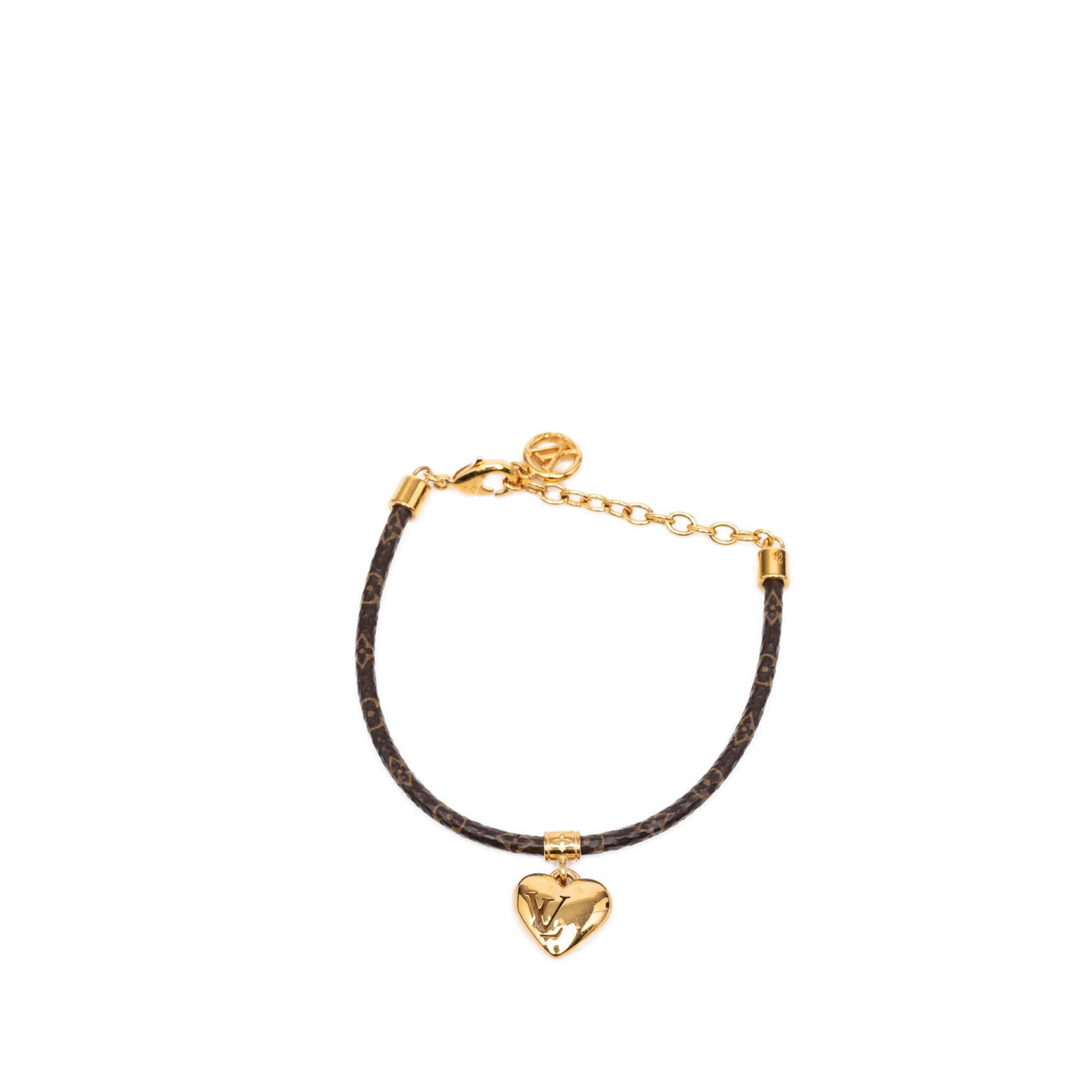 Louis Vuitton Blooming Heart Charm Bracelet Monogram Canvas Gold Plated: Louis Vuitton Blooming Heart Charm Bracelet Monogram Canvas Gold Plated This bracelet features a monogram canvas body with gold plated metal charm details and a lobster claw clasp closure. It is a cos