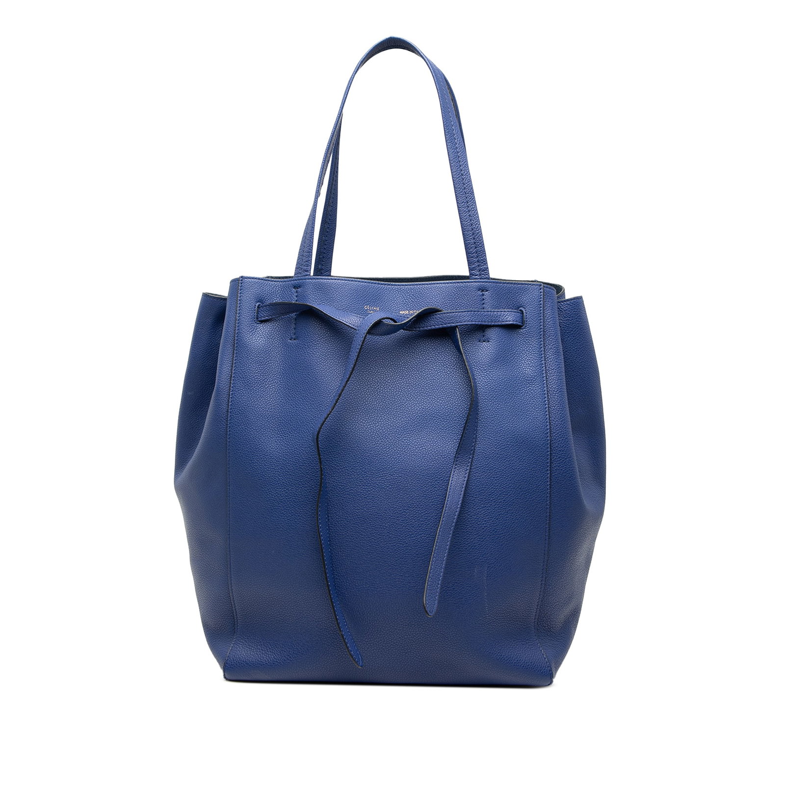 Celine Phantom Cabas Small Blue Leather Tote with Drawstring Closure: Celine Phantom Cabas Small Blue Leather Tote with Drawstring Closure This Celine Small Leather Phantom Cabas Tote features a blue leather body with flat leather straps and an open top secured by a fla