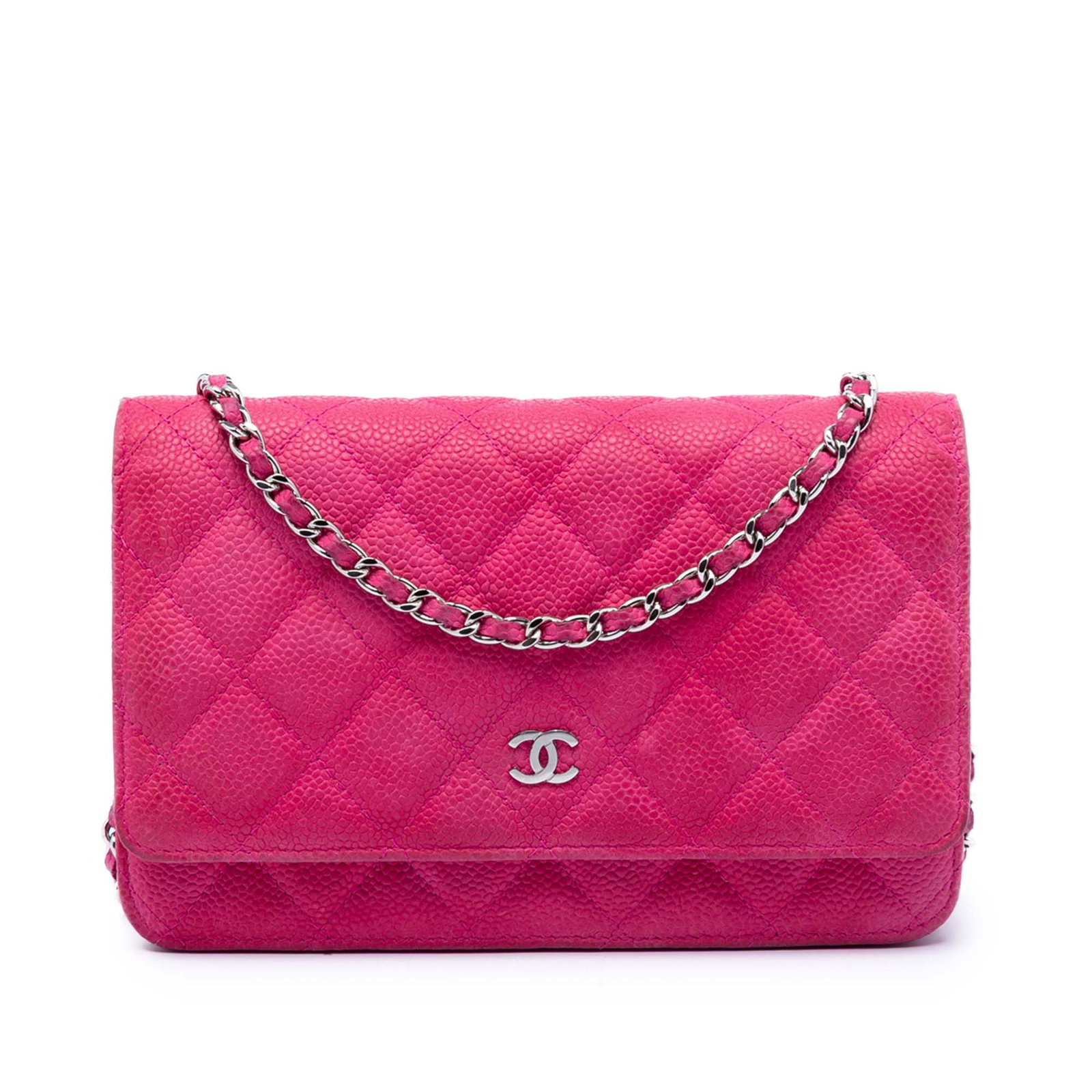 Chanel Pink Quilted Caviar Wallet On Chain: Chanel Pink Quilted Caviar Wallet On Chain This Chanel CC Quilted Caviar Wallet on Chain features a pink quilted caviar leather body and a gold-tone leather woven chain strap. It is designed with a fr