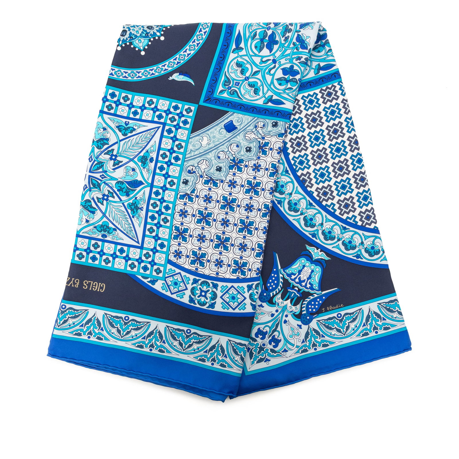 Hermes Ciels Byzantins Blue Silk Scarf Made in France: Hermes Ciels Byzantins Blue Silk Scarf Made in France Hermes Ciels Byzantins scarf crafted in printed silk. Made in France, this blue accessory includes the box. Condition is AB, with staining noted o