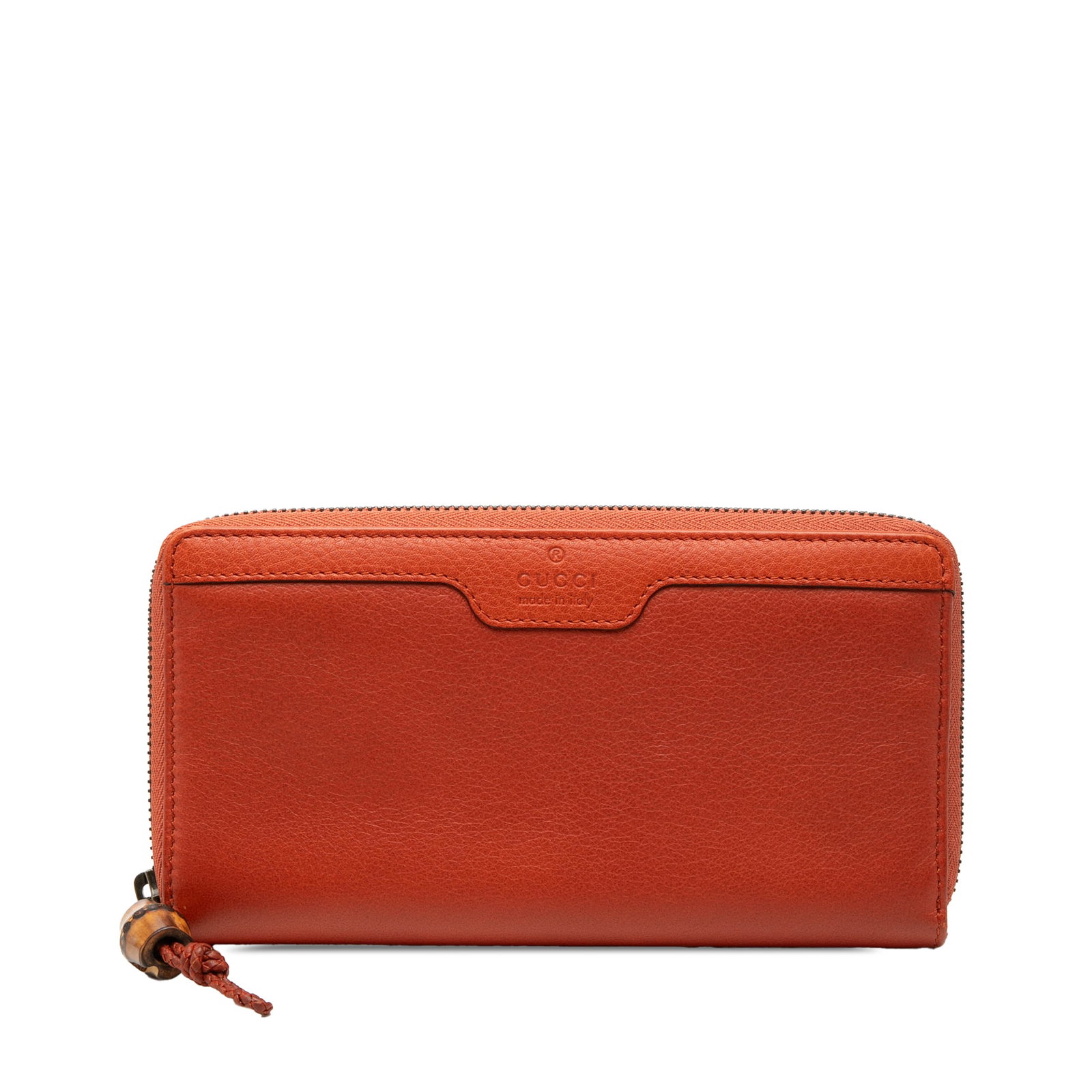 Gucci Bamboo zip-around leather wallet: Gucci Bamboo zip-around leather wallet This Gucci Leather Bamboo Zip Around Wallet is crafted from orange leather and features a zip-around closure. The wallet offers both zip and slip pockets inside