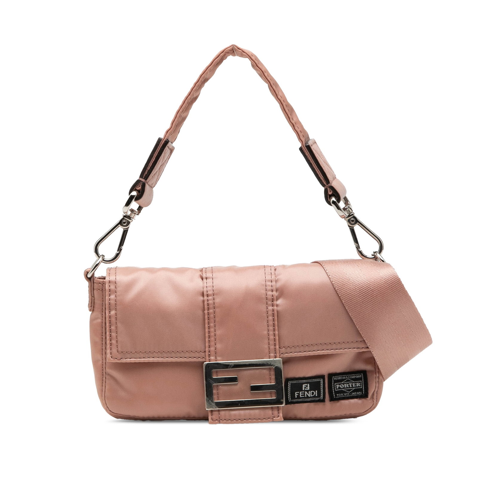 Fendi Porter Yoshida Pink Nylon Baguette Bag: Fendi Porter Yoshida Pink Nylon Baguette Bag This Fendi Porter Yoshida Nylon Baguette Satchel features a pink nylon body with a detachable flat top handle and an adjustable, detachable flat shoulder s