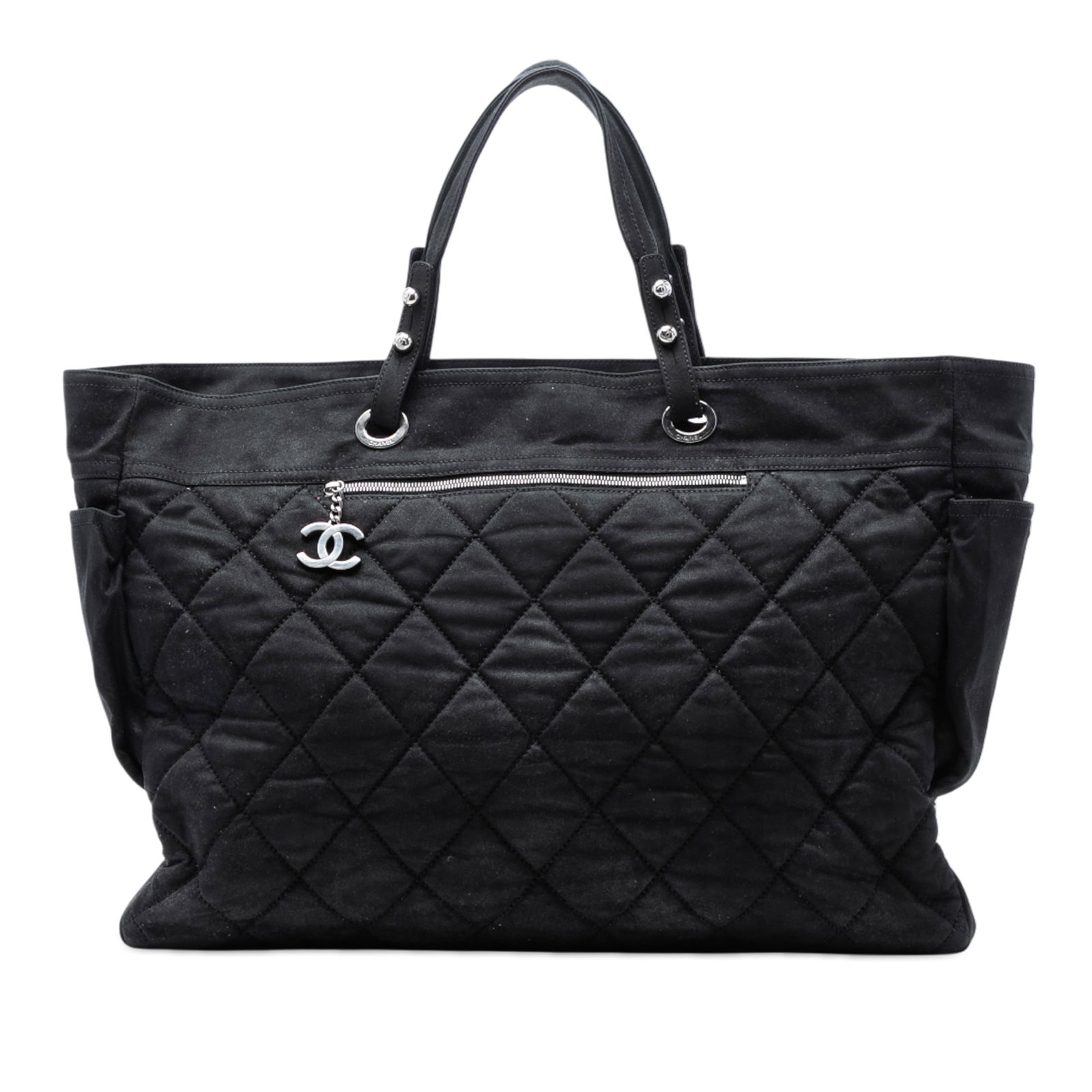 Black Paris Biarritz XL Tote Quilted Coated Canvas by Chanel: Black Paris Biarritz XL Tote Quilted Coated Canvas by Chanel This Chanel XL Quilted Coated Canvas Paris Biarritz Tote features a black coated canvas body with quilted detailing, flat canvas and leathe
