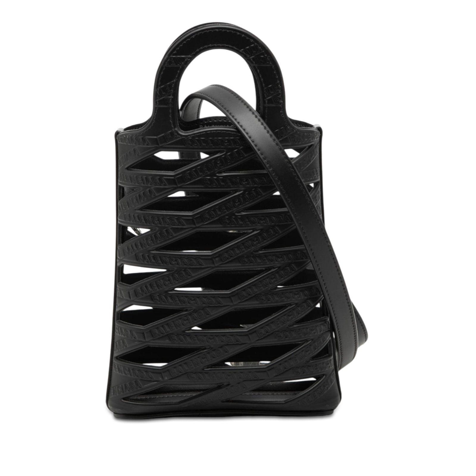 Balenciaga black leather phone satchel with drawstring pouch: Balenciaga black leather phone satchel with drawstring pouch The Balenciaga Leather Neo Basket Phone Holder is crafted from black leather and features flat leather handles, an adjustable and detachabl