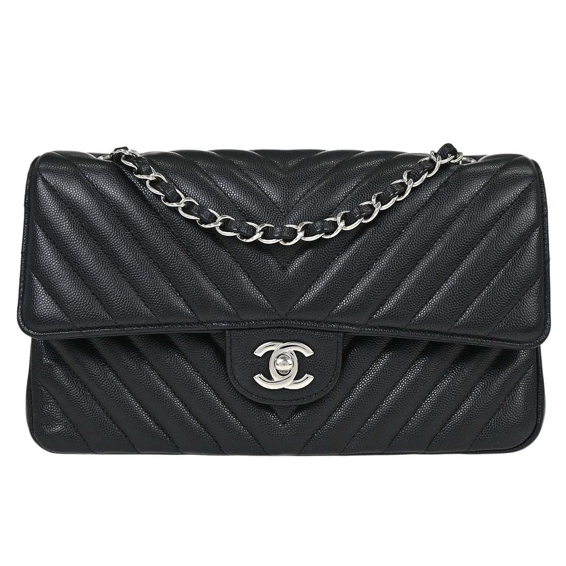 CHANEL Classic Double Flap Medium Shoulder Bag Black Calfskin Chevron: CHANEL Classic Double Flap Medium Shoulder Bag Black Calfskin Chevron Chanel Medium Classic Double Flap shoulder bag in black caviar skin leather with a turn-lock closure and shoulder strap. The bag f