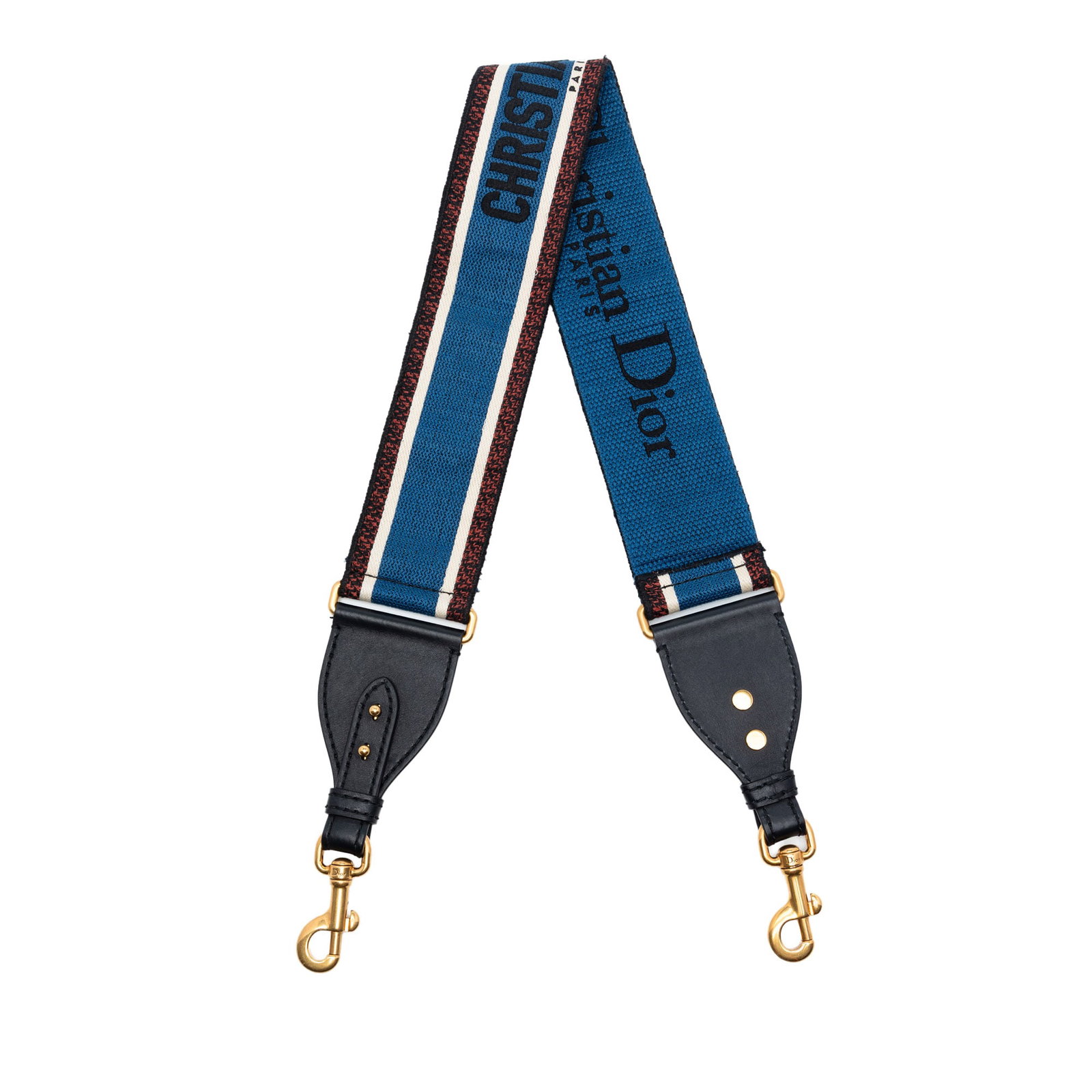 Dior blue embroidered canvas shoulder strap with leather trim: Dior blue embroidered canvas shoulder strap with leather trim This Dior embroidered canvas bag strap features a blue fabric body with leather trim and gold-tone hardware. Made in Italy, it is designed