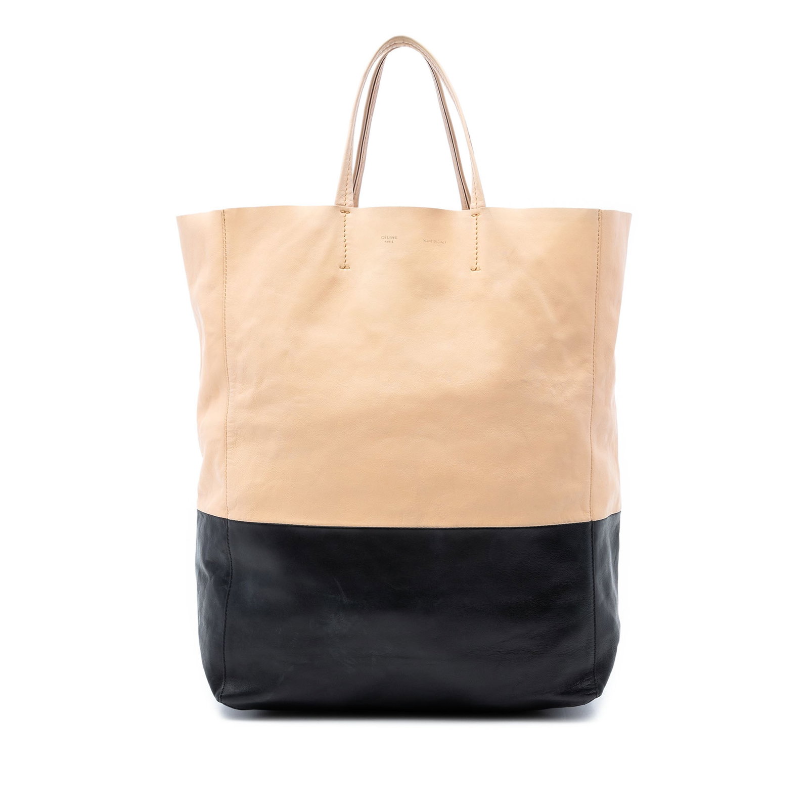Celine Vertical Cabas beige leather tote: Celine Vertical Cabas beige leather tote This Celine Bicolor Leather Vertical Cabas Tote is crafted from leather and features flat leather handles, an open top, and an interior zip pocket. The tote is