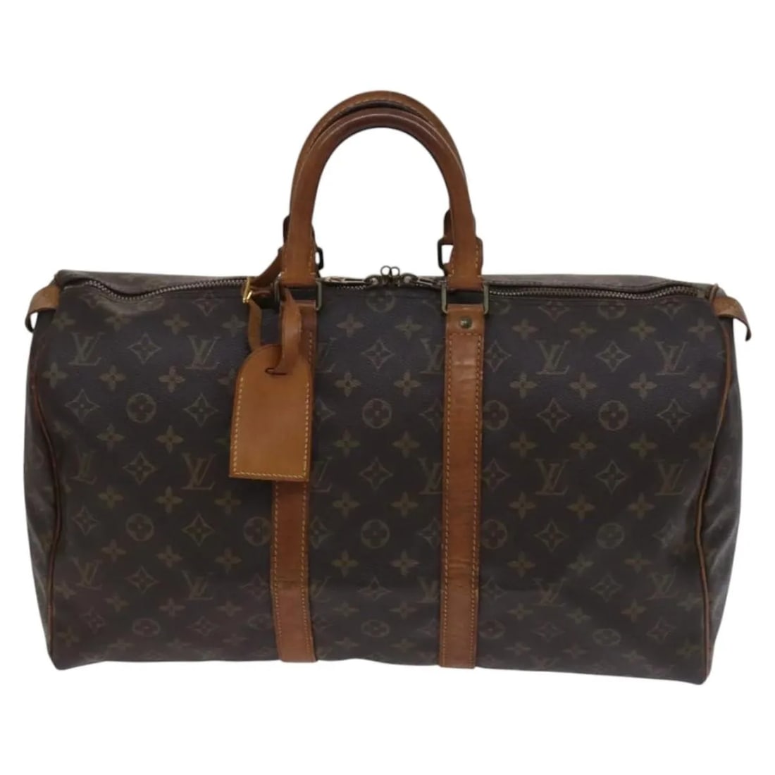 Keepall Monogram Canvas Travel Bag by Louis Vuitton Unisex 45cm: Keepall Monogram Canvas Travel Bag by Louis Vuitton Unisex 45cm This Louis Vuitton Keepall Bag features the iconic monogram canvas in brown, designed for unisex use. The bag shows signs of use, includ