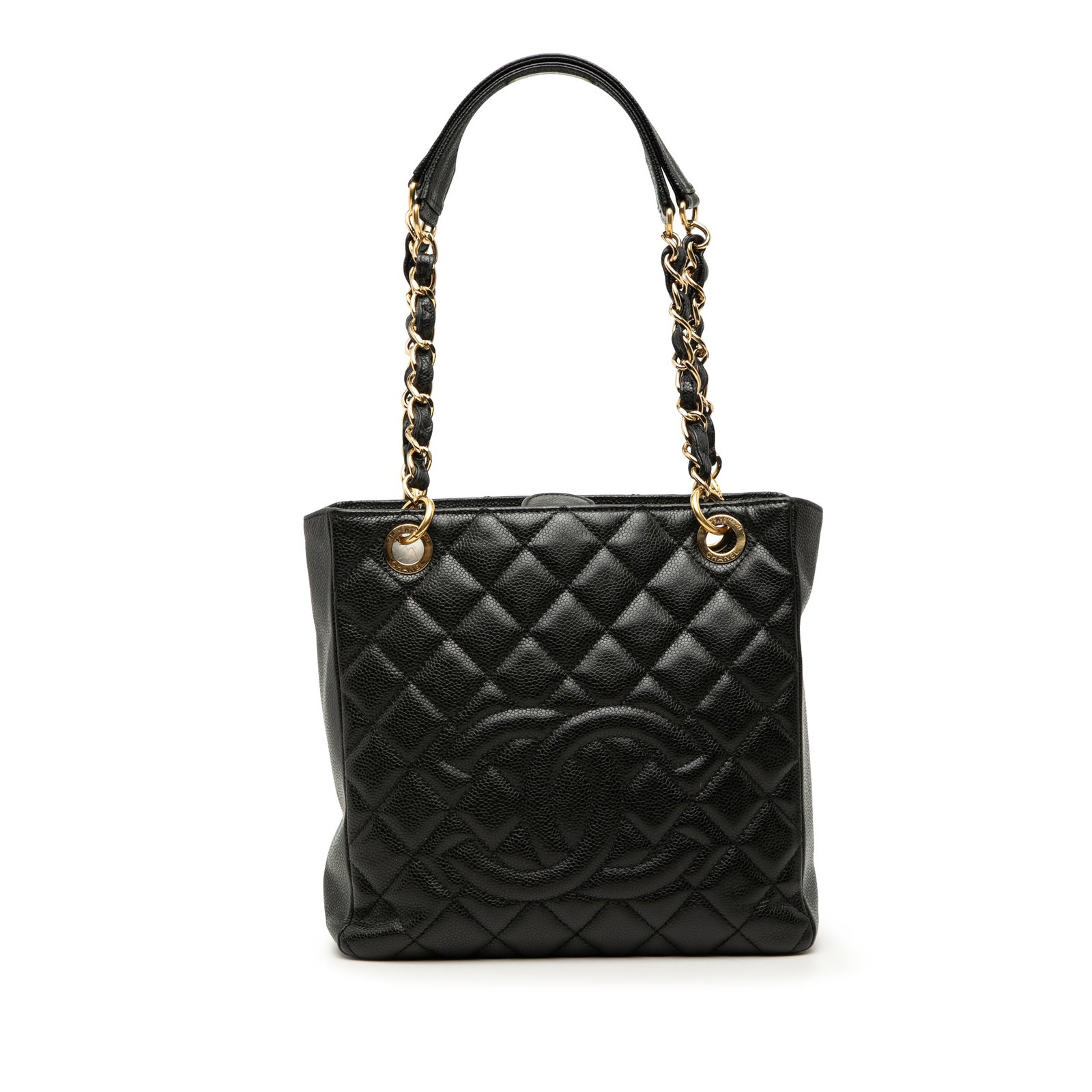 Chanel Petite Shopping Tote Black Caviar Leather Shoulder Bag: Chanel Petite Shopping Tote Black Caviar Leather Shoulder Bag Chanel Caviar Petite Shopping Tote in black caviar leather with leather-woven chain link shoulder straps and leather guard. It features an