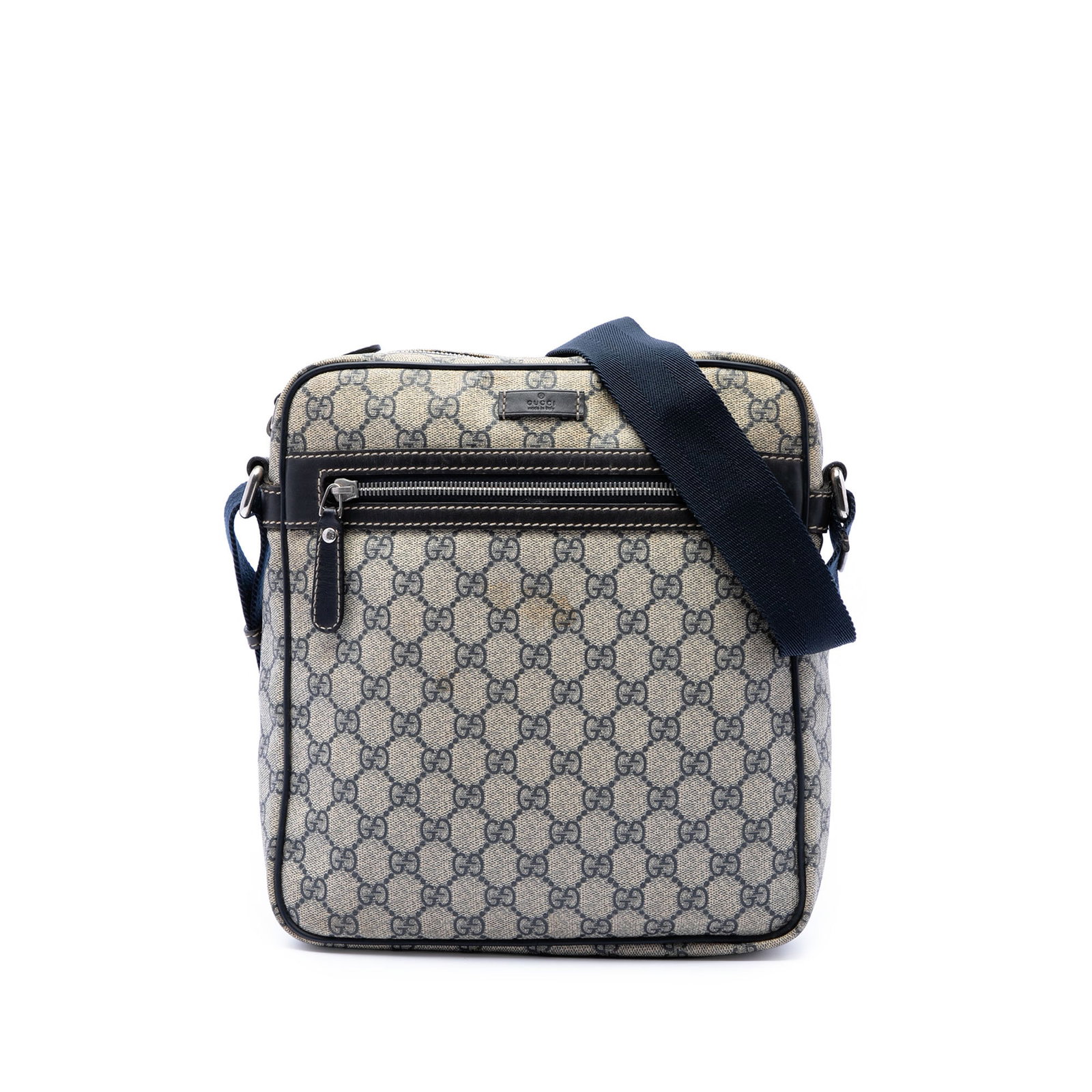 Gucci GG Supreme Beige Coated Canvas Crossbody Bag: Gucci GG Supreme Beige Coated Canvas Crossbody Bag This Gucci GG Supreme Crossbody is a beige bag made in Italy with a coated canvas body, leather trim, an adjustable flat strap, a top zip closure, an