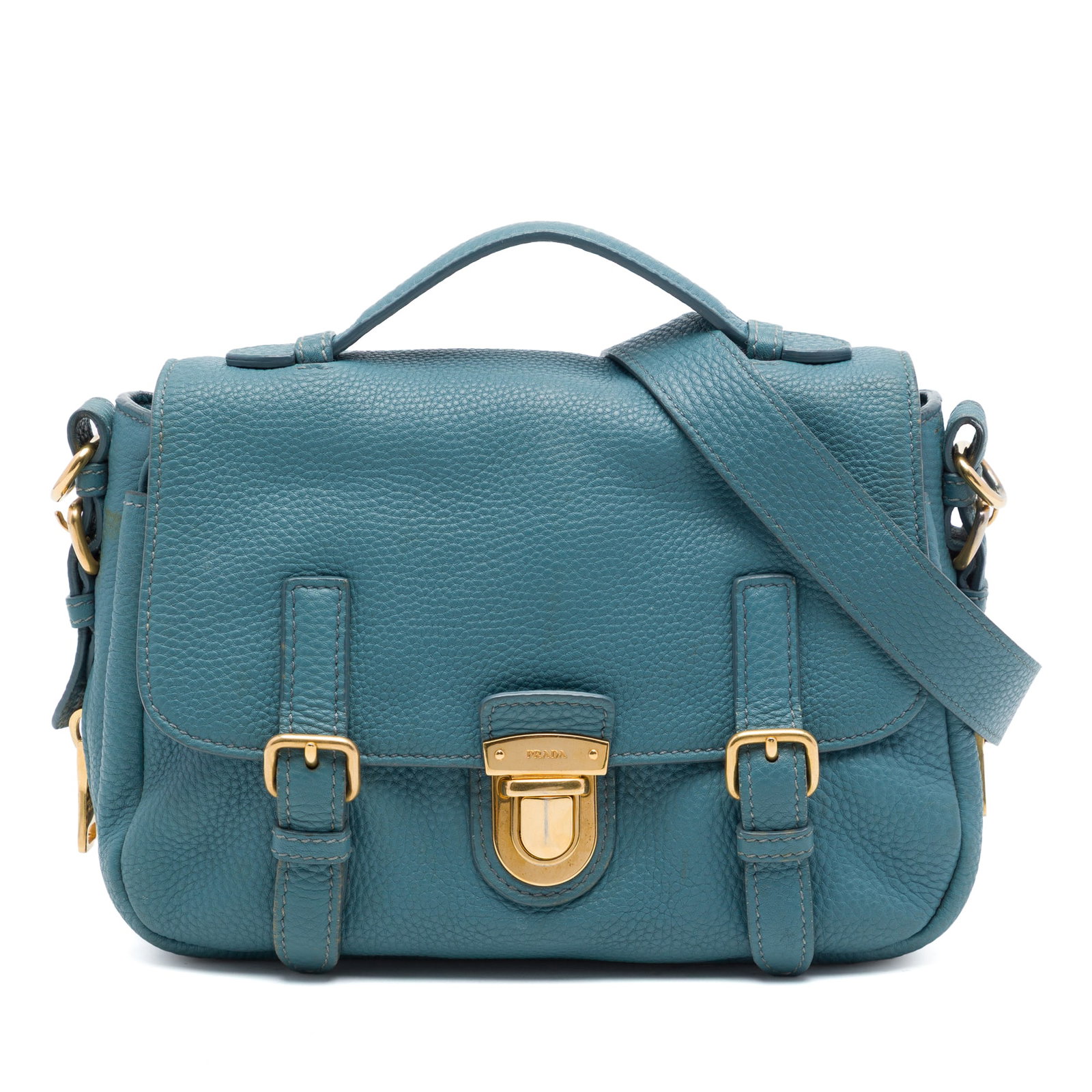 Prada Vitello Daino Leather Satchel Blue Push Lock Buckle Bag: Prada Vitello Daino Leather Satchel Blue Push Lock Buckle Bag Prada Vitello Daino Push Lock Double Buckle Messenger Bag in blue leather, made in Italy. This satchel features a leather body, a flat lea