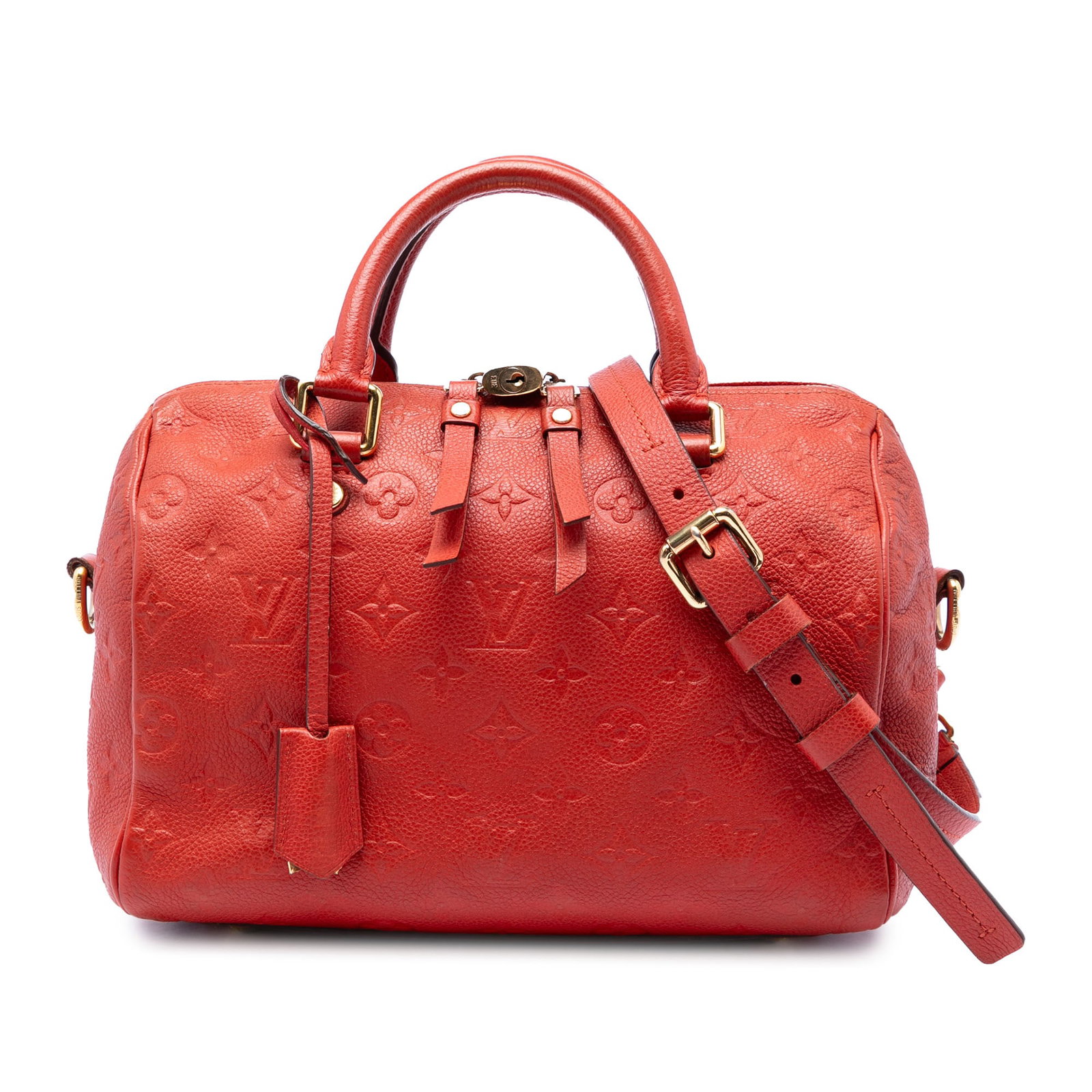 Louis Vuitton Speedy Bandouliere 25 Monogram Empreinte Red Leather Bag: Louis Vuitton Speedy Bandouliere 25 Monogram Empreinte Red Leather Bag This Louis Vuitton Monogram Empreinte Speedy Bandouliere 25 is crafted from monogram empreinte leather in red and features rolled