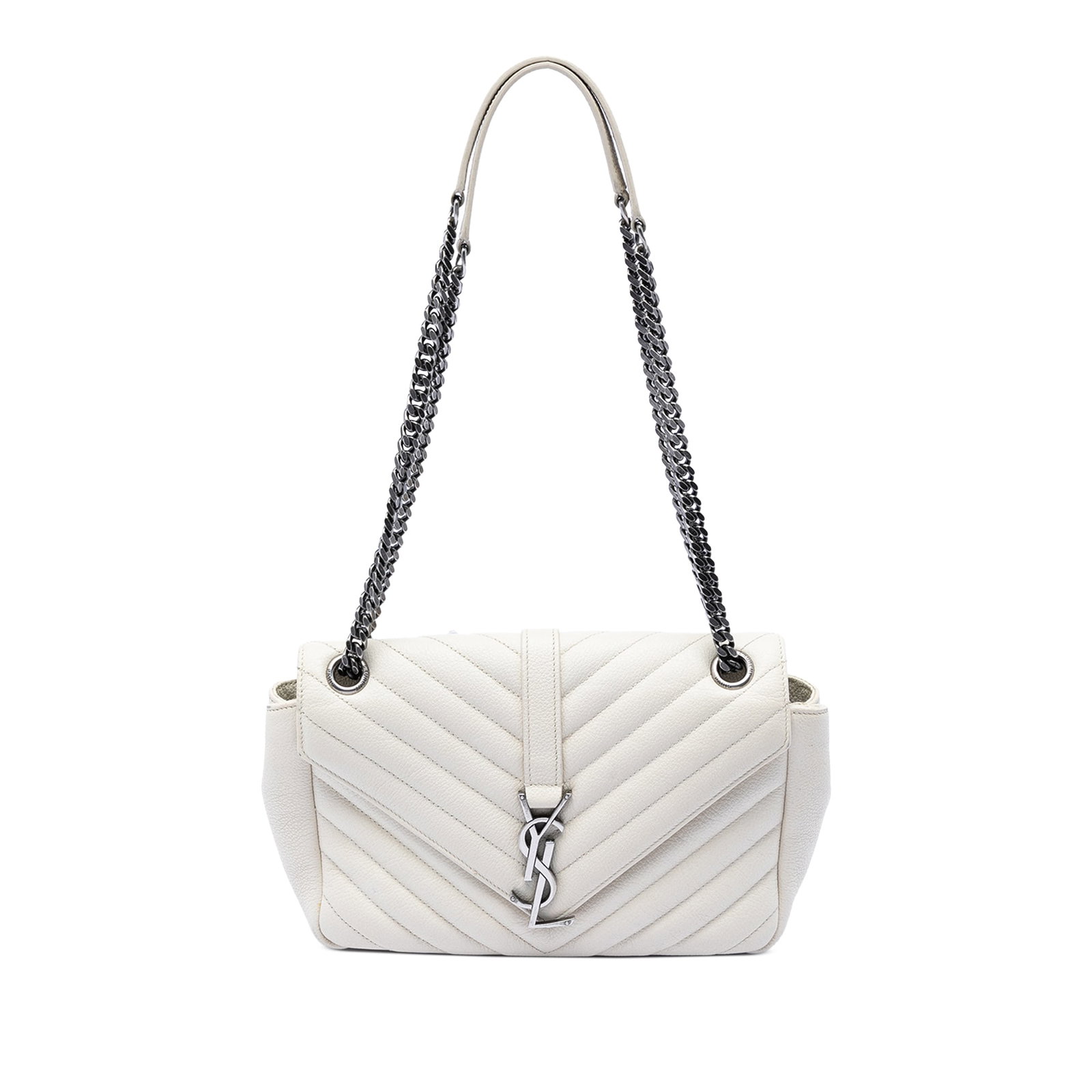 Saint Laurent Envelope Bag White Chevron Calfskin Chain Strap: Saint Laurent Envelope Bag White Chevron Calfskin Chain Strap This Saint Laurent Medium Chevron Calfskin Monogram Envelope Bag showcases a sophisticated quilted leather design in white, complemented b