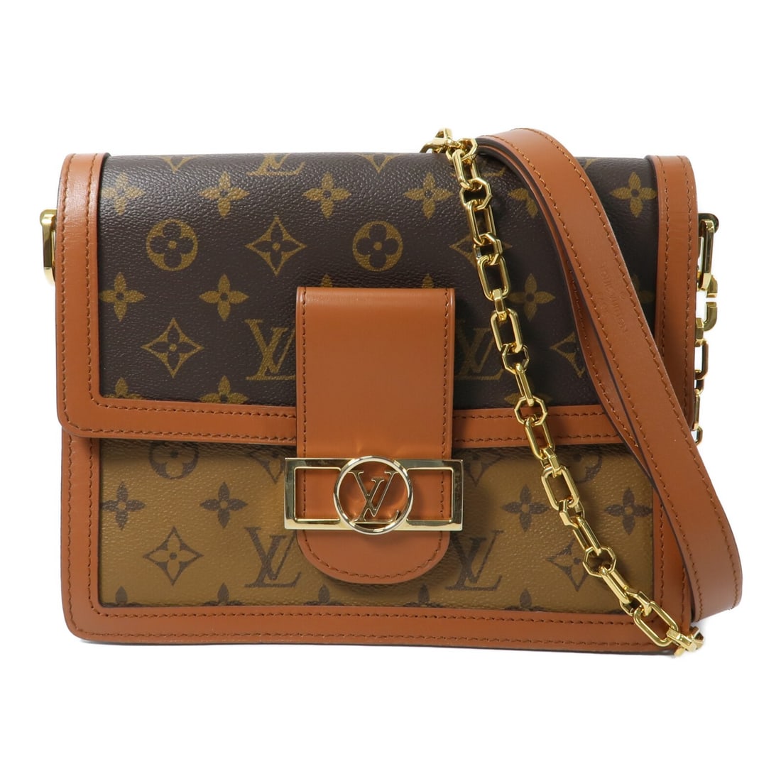 Louis Vuitton Dauphine MM M45958 2Way Chain Shoulder Bag Monogram Reverse: Louis Vuitton Dauphine MM M45958 2Way Chain Shoulder Bag Monogram Reverse The Louis Vuitton Dauphine MM is a 2-way chain shoulder bag in Monogram Reverse and PVC coated canvas, presented in brown. It 