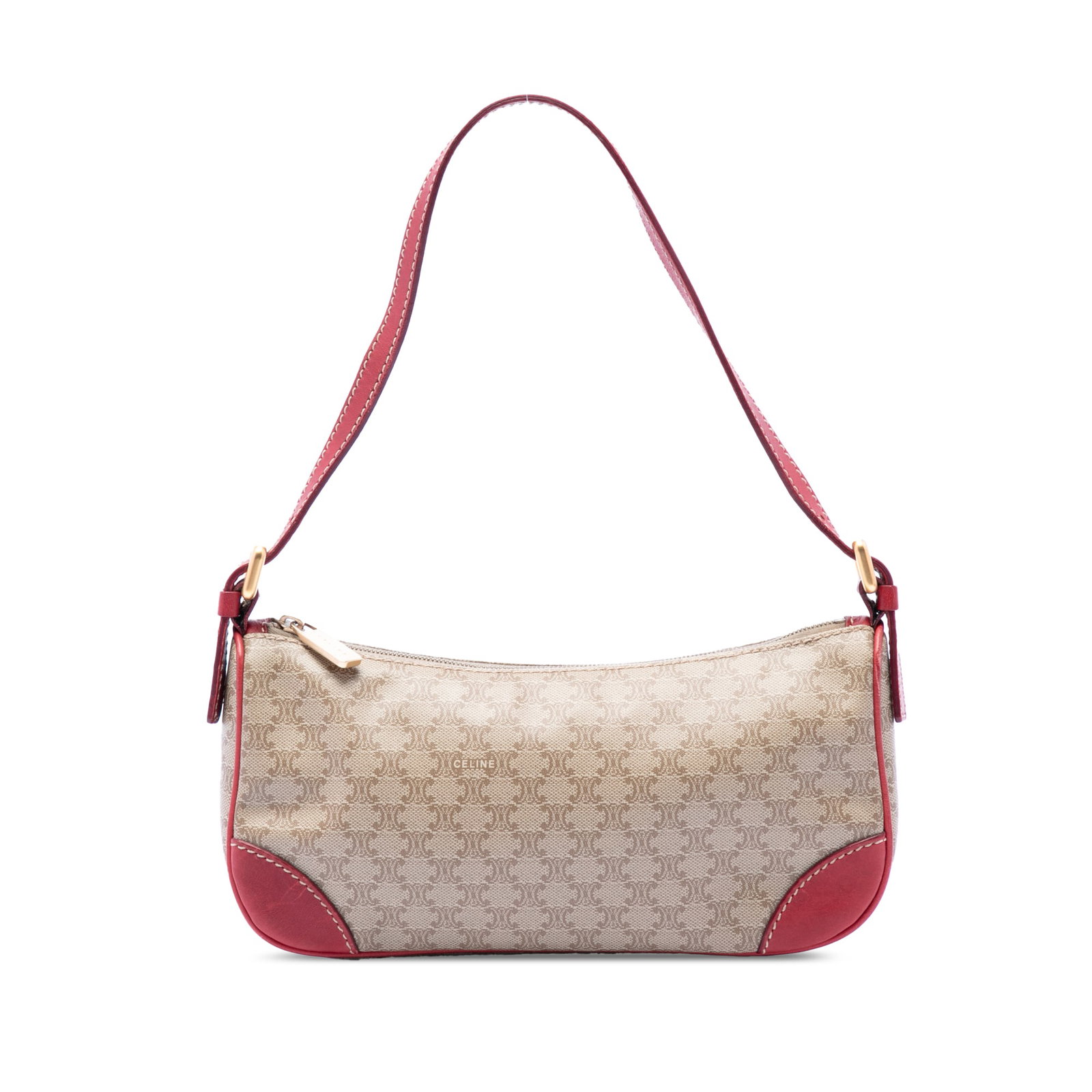 Celine Macadam Shoulder Bag in Coated Canvas with Leather Trim: Celine Macadam Shoulder Bag in Coated Canvas with Leather Trim Celine Macadam Coated Canvas Shoulder Bag made in Italy. It features a coated canvas body with leather trim, a flat leather shoulder stra