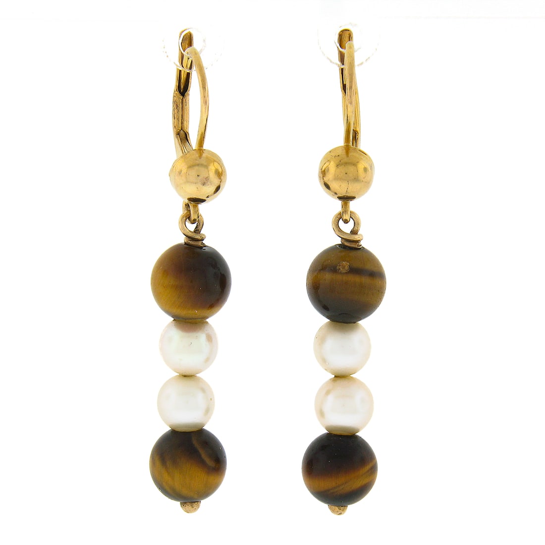 10K Yellow Gold Tiger's Eye Pearl Leverback Dangle Earrings (1 of 4)