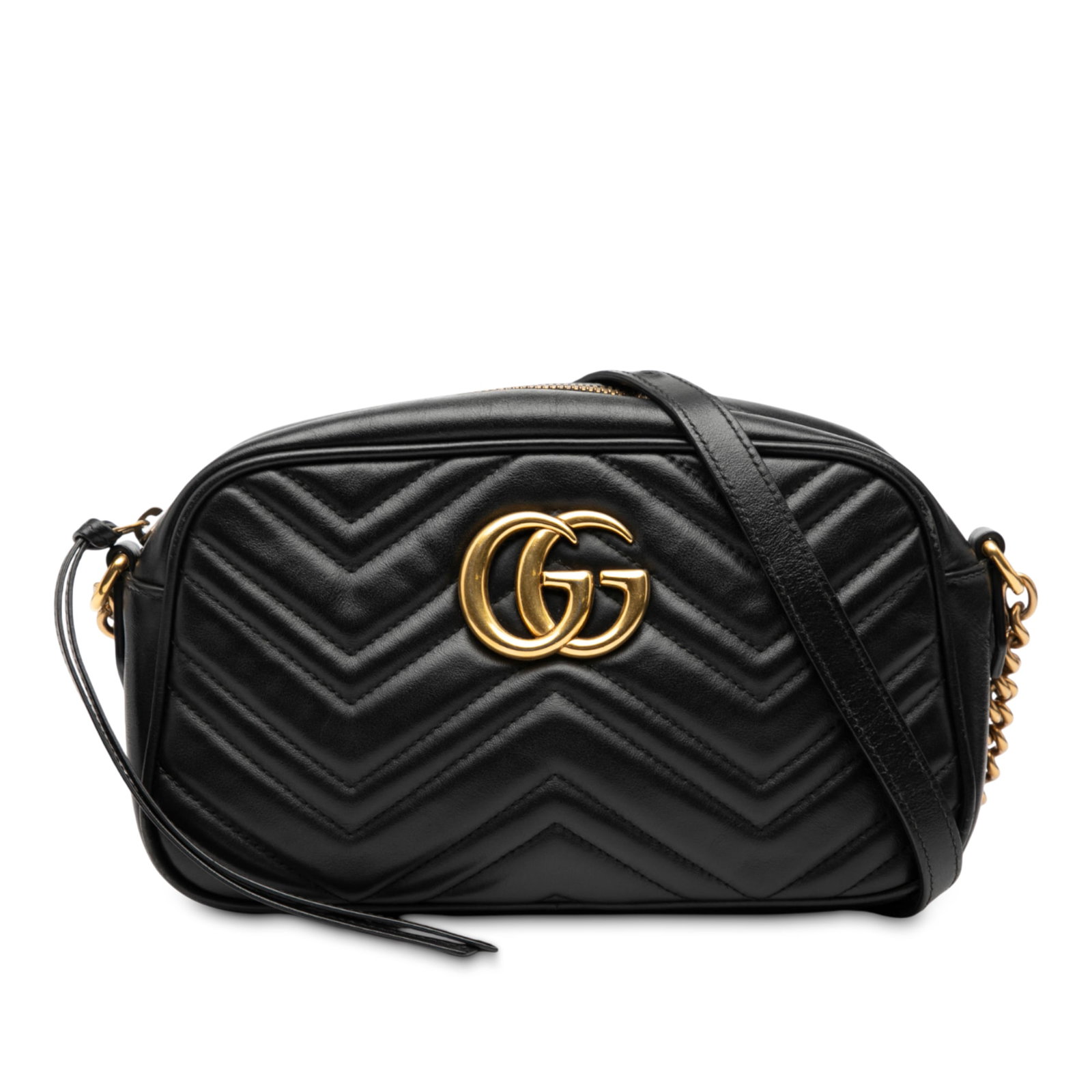 Gucci GG Marmont Small Matelasse Leather Crossbody Bag: Gucci GG Marmont Small Matelasse Leather Crossbody Bag Gucci Small GG Marmont Matelasse Calfskin Crossbody in black leather with a quilted body, curb chain and leather strap, top zip closure, and inte