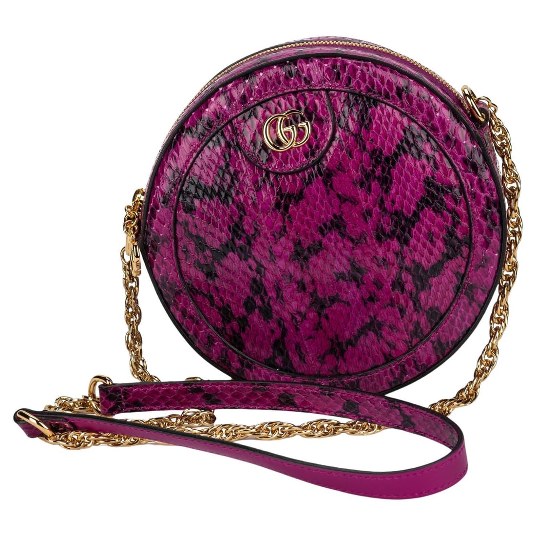 GUCCI Ophidia Purple Watersnake Mini Round Shoulder Bag with Box: GUCCI Ophidia Purple Watersnake Mini Round Shoulder Bag with Box Introducing the GUCCI Ophidia Mini Round Shoulder Bag crafted from luxurious watersnake in a stunning purple hue. This elegant bag feat