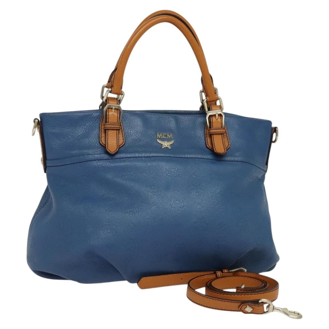 MCM Vicetos logo leather 2way handbag with shoulder strap blue brown: MCM Vicetos logo leather 2way handbag with shoulder strap blue brown This MCM Vicetos Logogram 2-way handbag is crafted from blue and brown leather, offering versatility with both top handles and a de