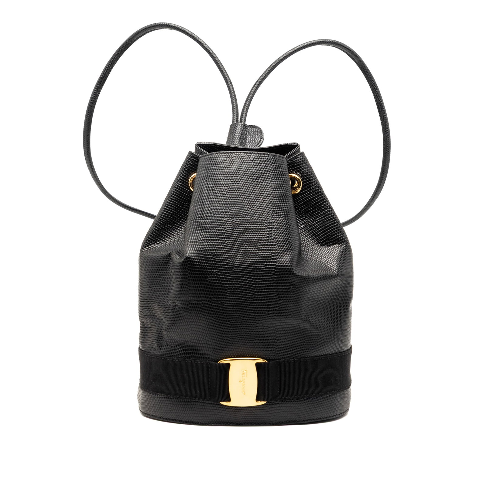 Ferragamo Vara Bow Lizard Embossed Leather Black Drawstring Backpack (1 of 6)