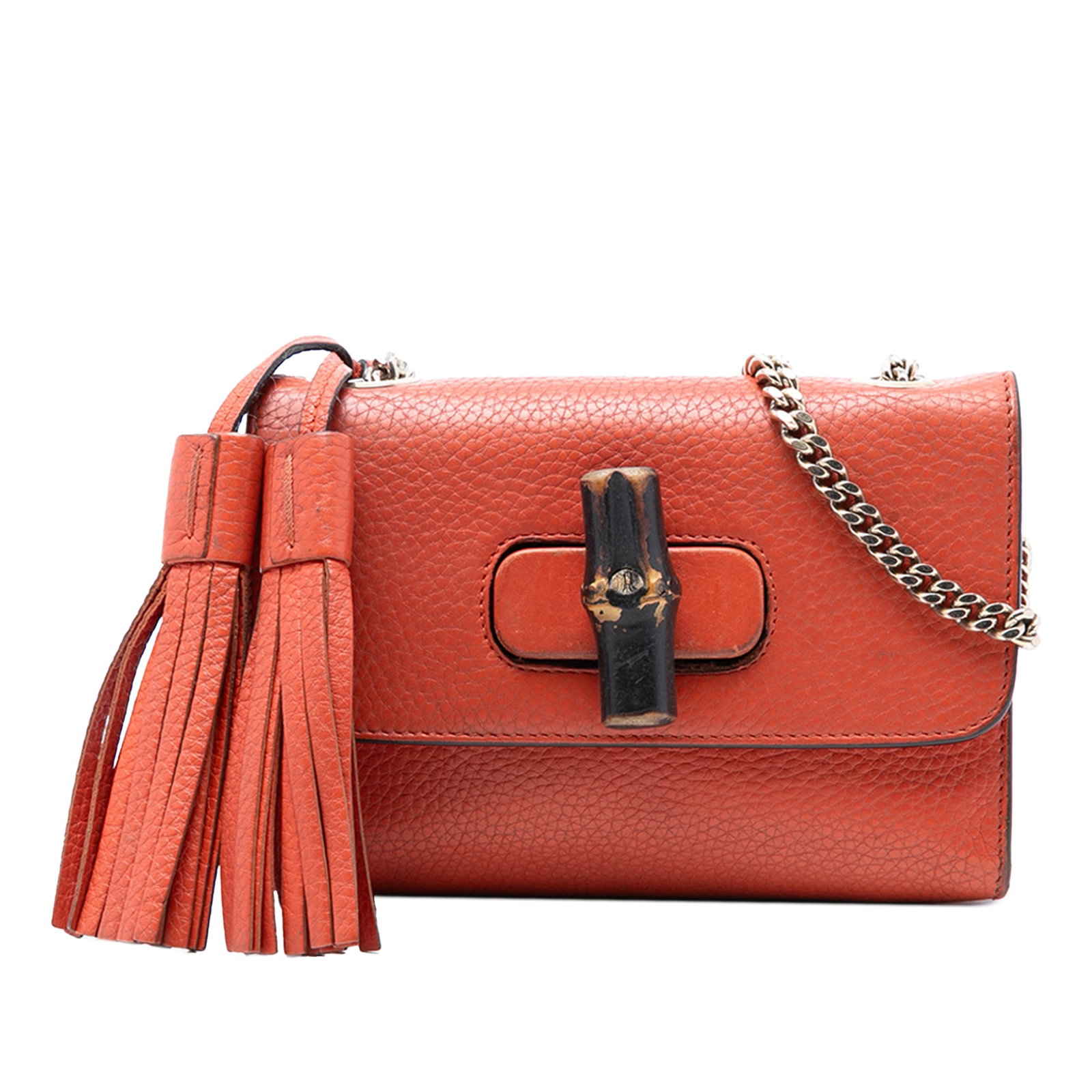 Gucci Miss Bamboo Orange Leather Small Crossbody Bag with Chain Strap: Gucci Miss Bamboo Orange Leather Small Crossbody Bag with Chain Strap This Gucci Small Leather Miss Bamboo Crossbody features an orange leather body with a chain link strap, a front flap secured by a 