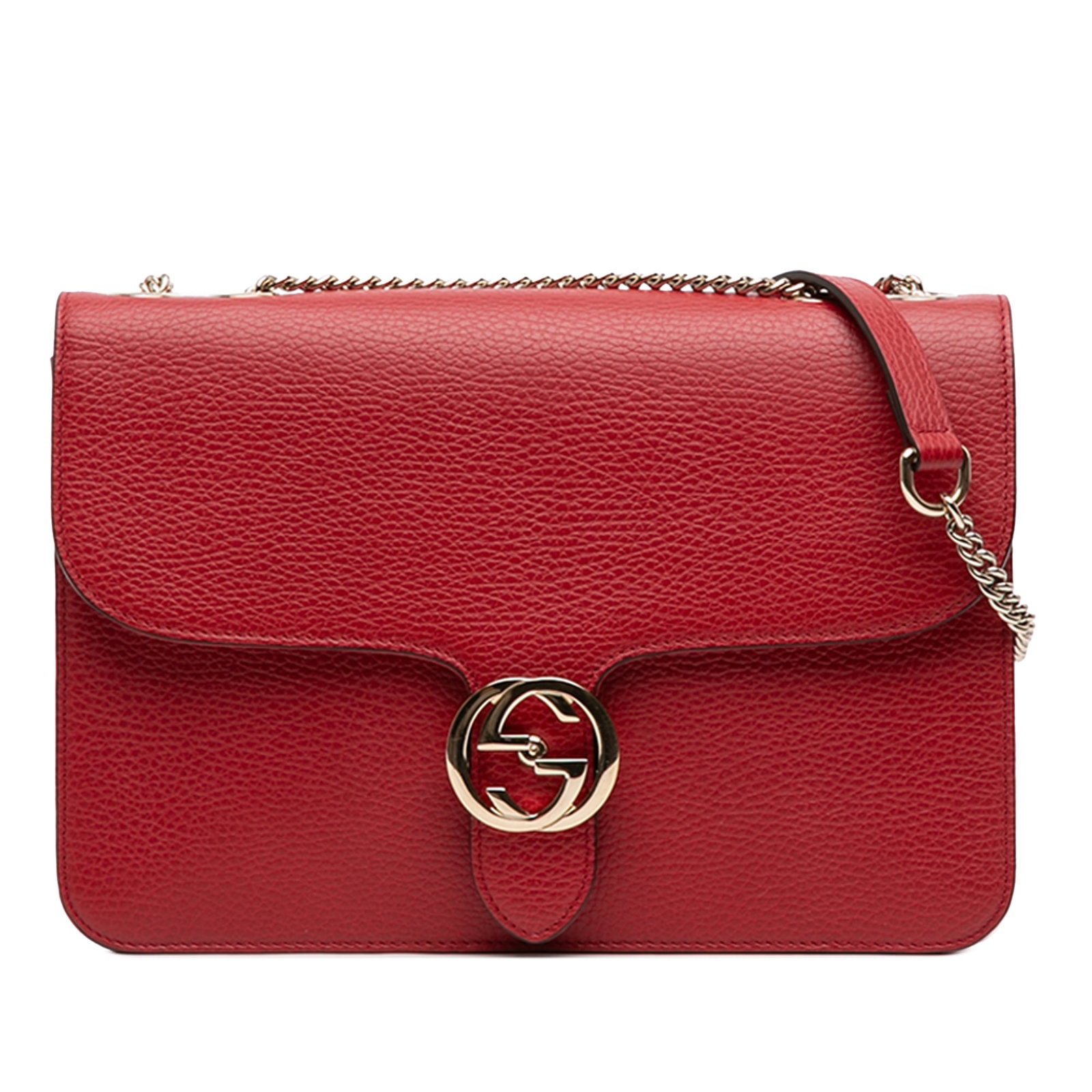 Gucci Interlocking G Red Leather Medium Crossbody Bag with Chain Strap: Gucci Interlocking G Red Leather Medium Crossbody Bag with Chain Strap This Gucci Medium Dollar Calfskin Interlocking G Crossbody features a red leather body with a chain link strap and leather should