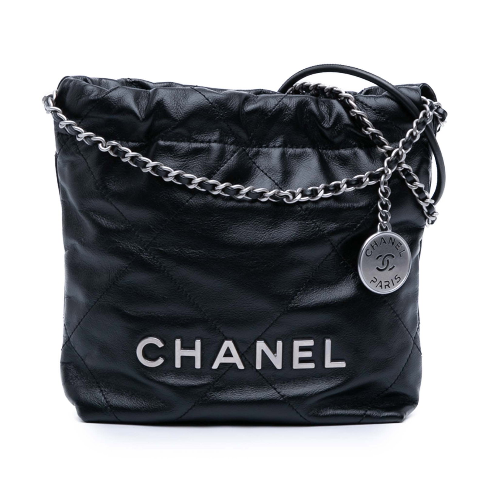 Chanel black quilted leather mini 22 satchel: Chanel black quilted leather mini 22 satchel This Chanel Mini Shiny Calfskin 22 Handbag features a quilted leather design in black, complemented by leather-woven chain straps and a rolled leather shou