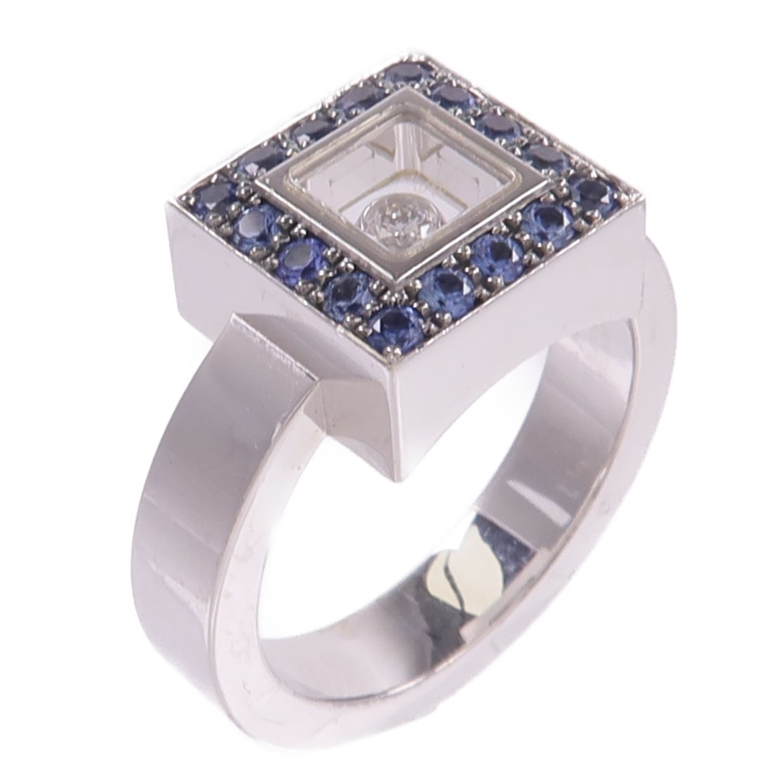 Chopard Happy Diamond 18K White Gold Ring Blue Sapphire Diamond US 5.5: Chopard Happy Diamond 18K White Gold Ring Blue Sapphire Diamond US 5.5 A Chopard Happy Diamond ring in 18K white gold with sapphire and diamond accents. Presented in a blue colorway, this ring is size