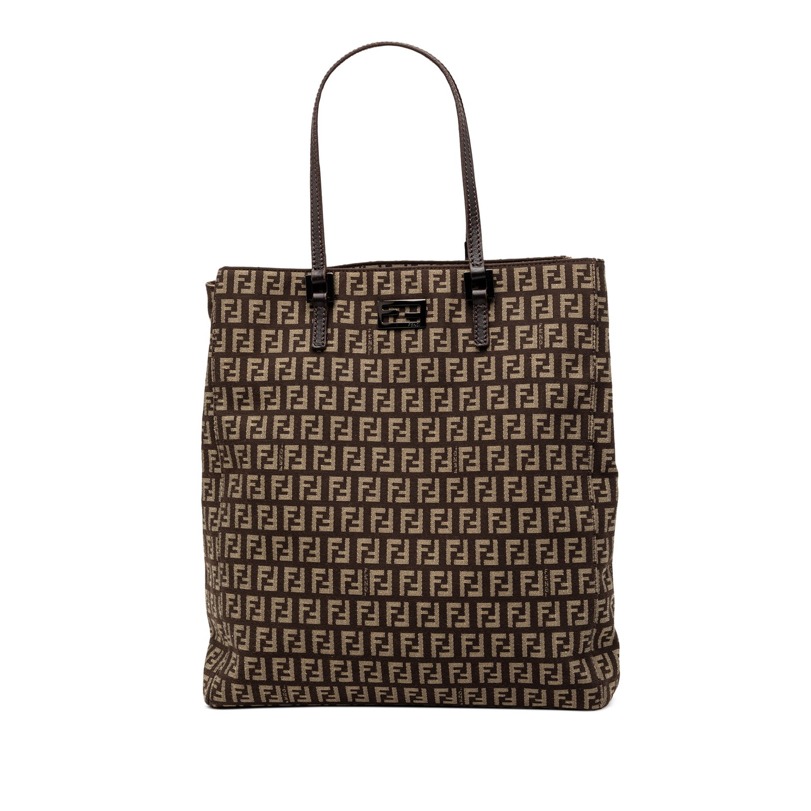 Fendi Zucchino Brown Canvas Tote Bag with Leather Handles: Fendi Zucchino Brown Canvas Tote Bag with Leather Handles This Fendi Zucchino Canvas Tote features a canvas body with flat leather handles, an open top, and an interior center zip compartment. The bag