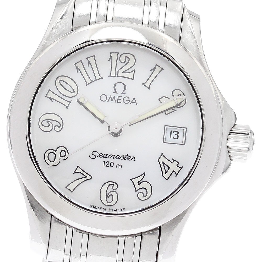 Omega Seamaster 120 Quartz Ladies Date Watch 2581.70: Omega Seamaster 120 Quartz Ladies Date Watch 2581.70 This OMEGA Seamaster 120 Date Quartz watch is designed for women and features a stainless steel case and band with a white mother-of-pearl dial. Th