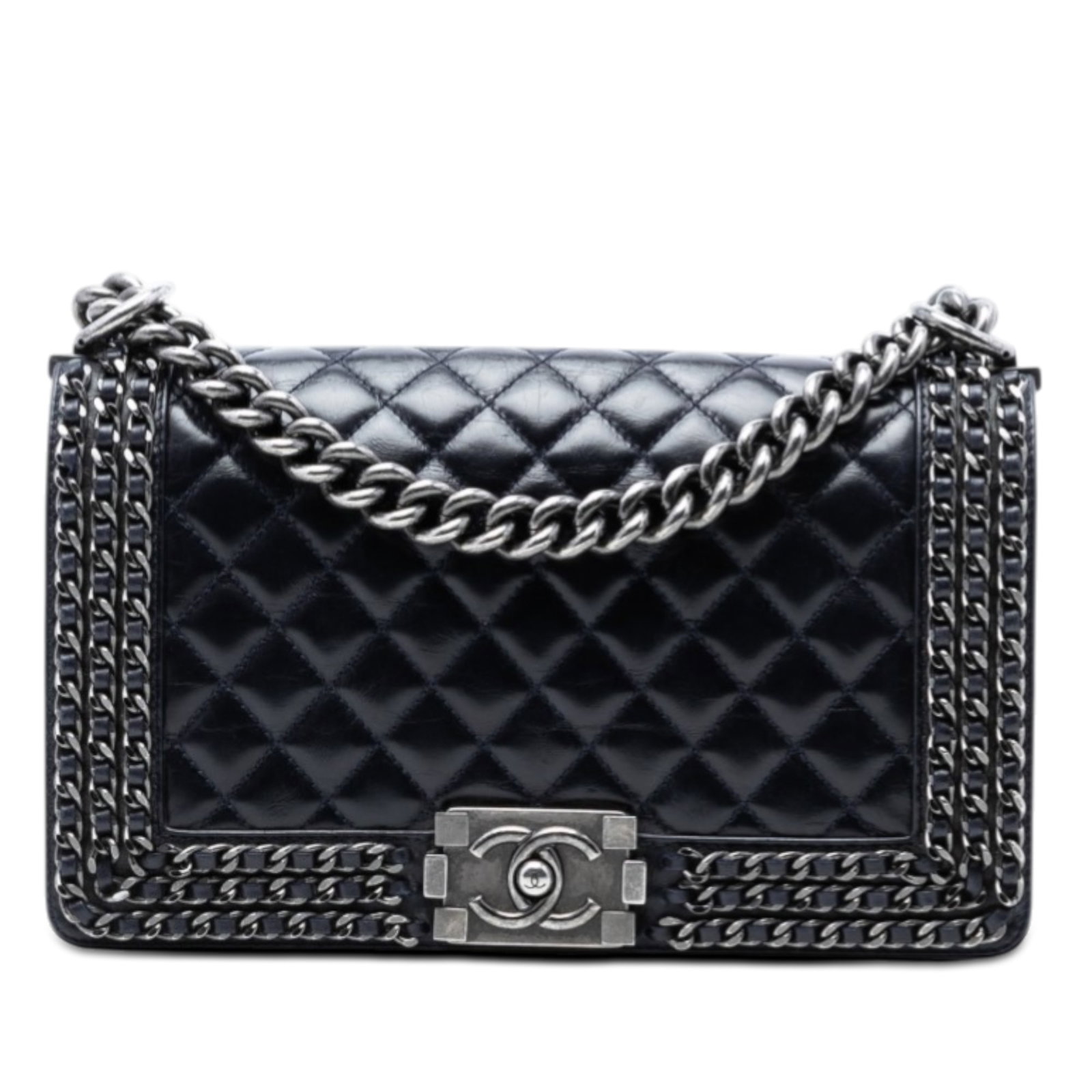 Chanel Boy Flap quilted glazed calfskin chain strap bag: Chanel Boy Flap quilted glazed calfskin chain strap bag This Chanel Old Medium Boy Flap bag is crafted from quilted glazed calfskin leather in blue and features distinctive chain embellishments. The d