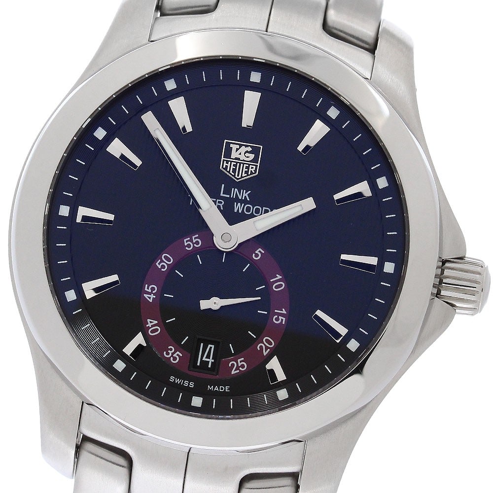 TAG Heuer Link Tiger Woods WJF211D Mens Automatic Wristwatch: TAG Heuer Link Tiger Woods WJF211D Mens Automatic Wristwatch TAG Heuer Link Tiger Woods Model Caliber 6 men's wristwatch, pre-owned and Swiss-made. It features a stainless steel case and bracelet, bla