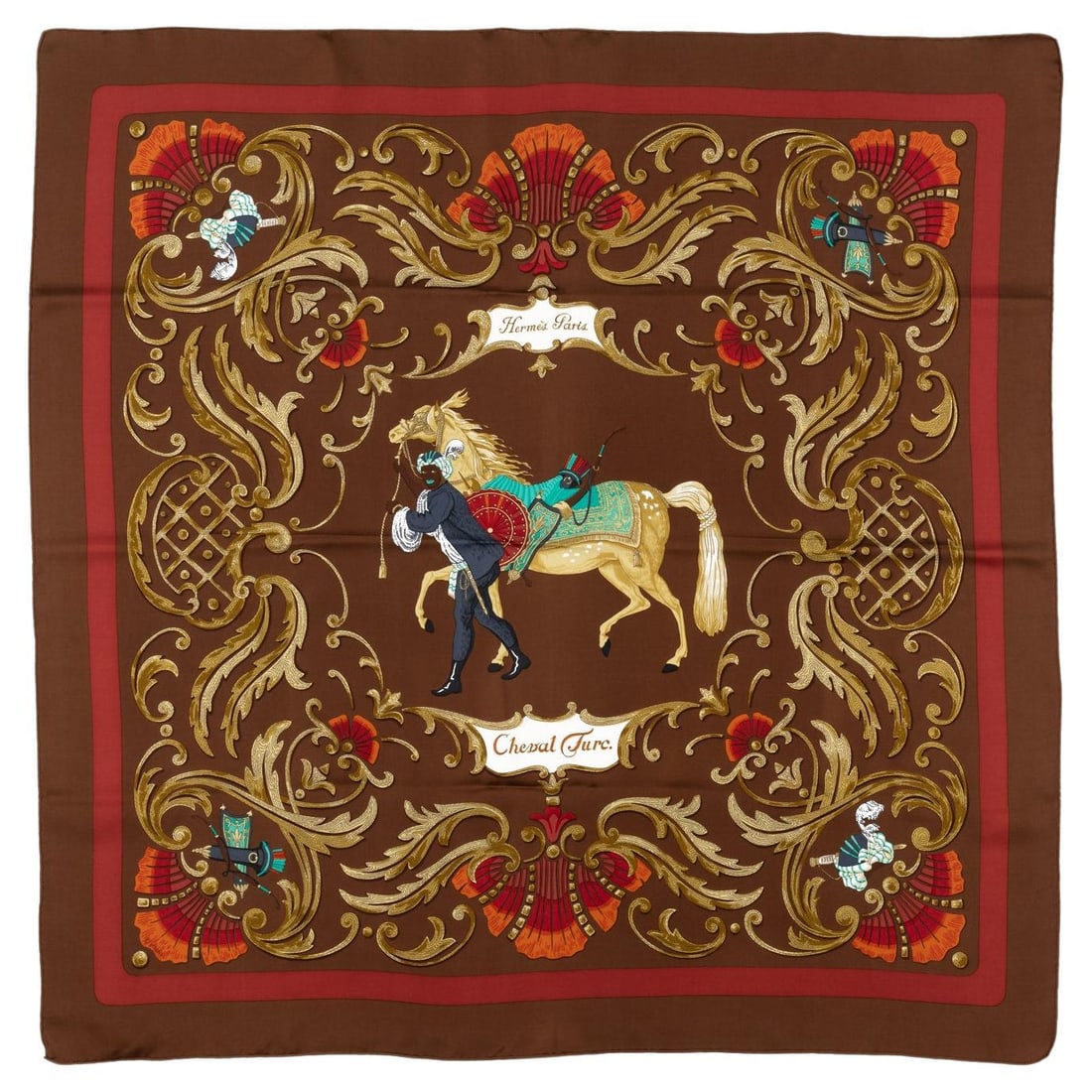 Hermes Cheval Turc 100% Silk Scarf by Christiane Vauzelles 35in: Hermes Cheval Turc 100% Silk Scarf by Christiane Vauzelles 35in Experience the elegance of the Hermes "Cheval Turc" Silk Scarf, a luxurious accessory crafted from 100% silk. This stunning scarf featur